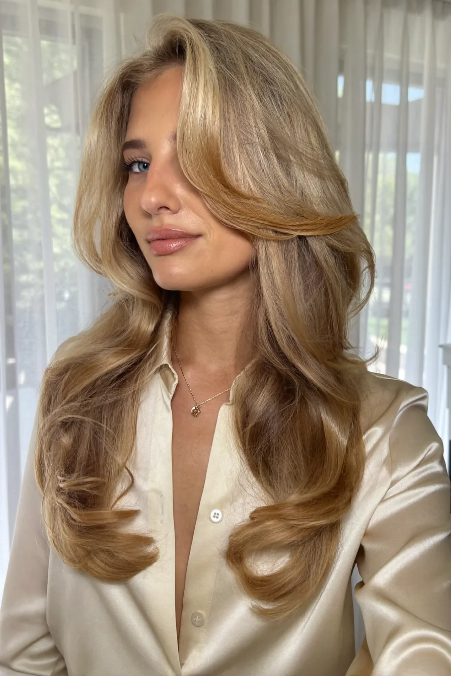 Effortlessly Voluminous Honey Blonde Wavy Long Layered Haircut