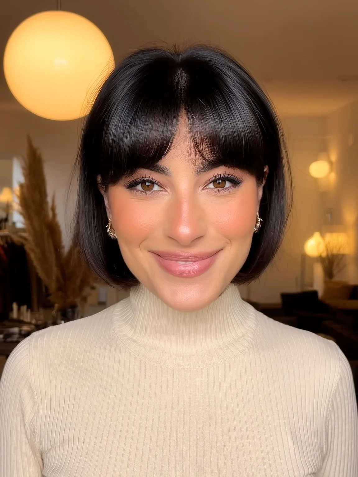 Rich Ebony Black Straight Bob with Curtain Bangs