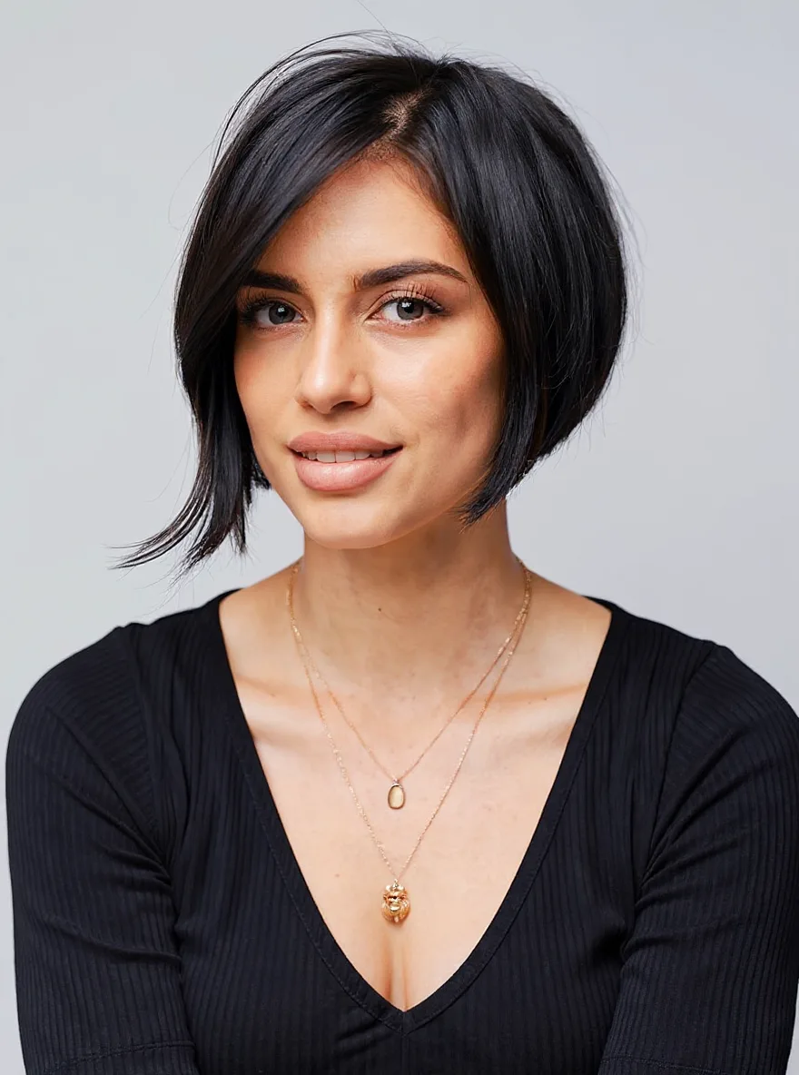 Glossy Raven Black Bob with Side-Swept Bangs