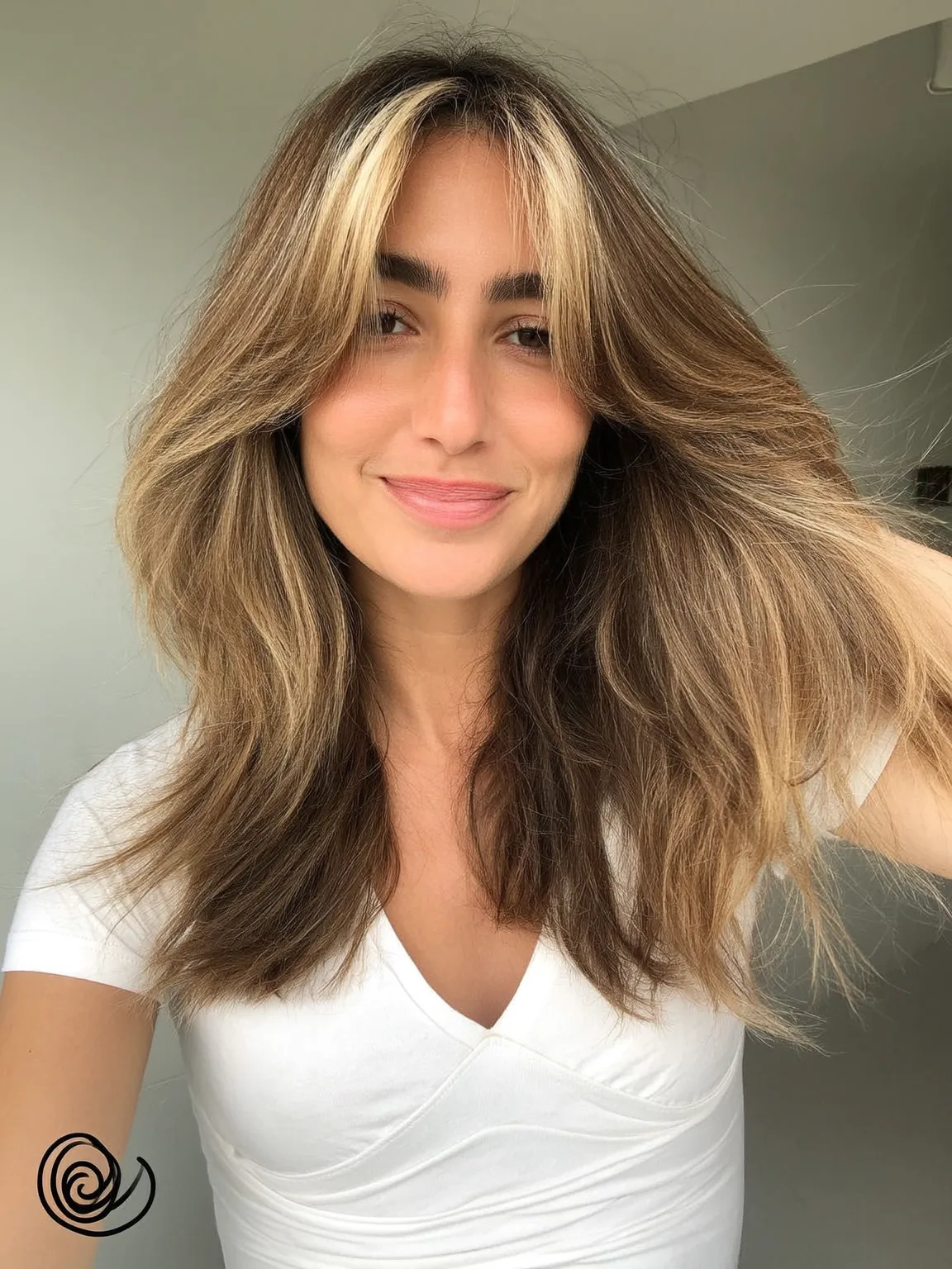Voluminous Long Honey Blonde Balayage Layers with Curtain Bangs