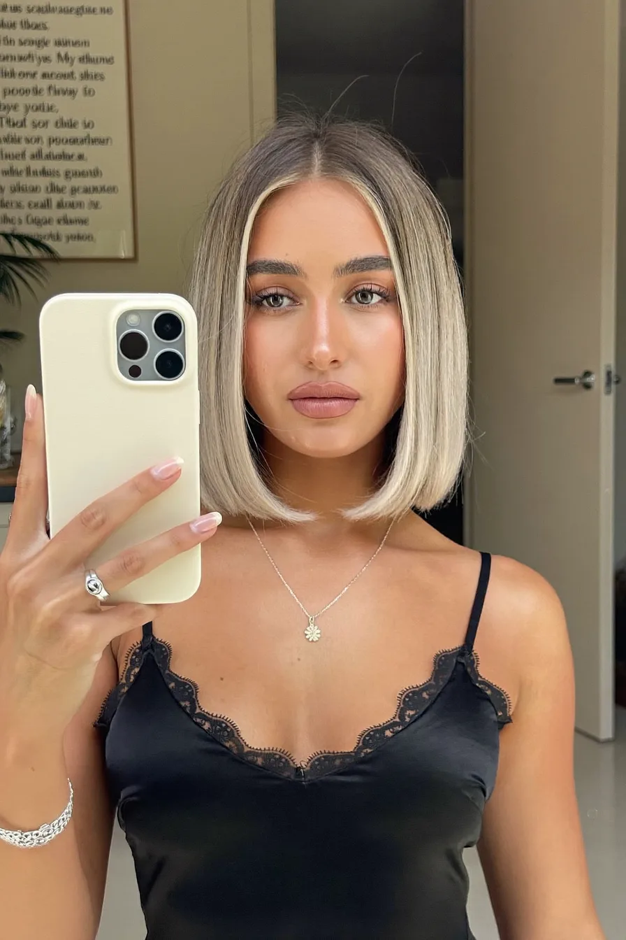 Sleek Blunt Center-Parted Chin-Length Ash Blonde Bob