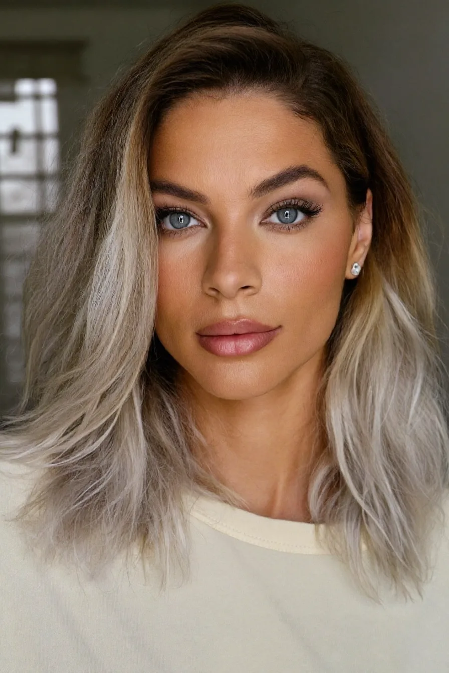 Medium Length Wavy Hair with Ash Blonde Balayage Layers