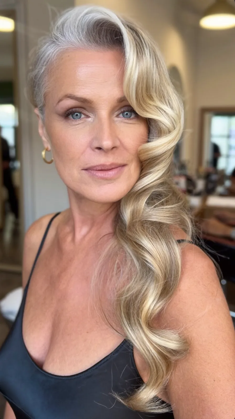 Elegant Long Platinum Blonde Waves with Deep Side Part