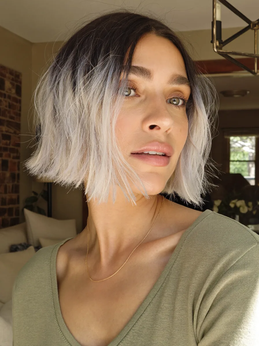 Textured Chin-Length Bob with Platinum Ombre and Dark Roots