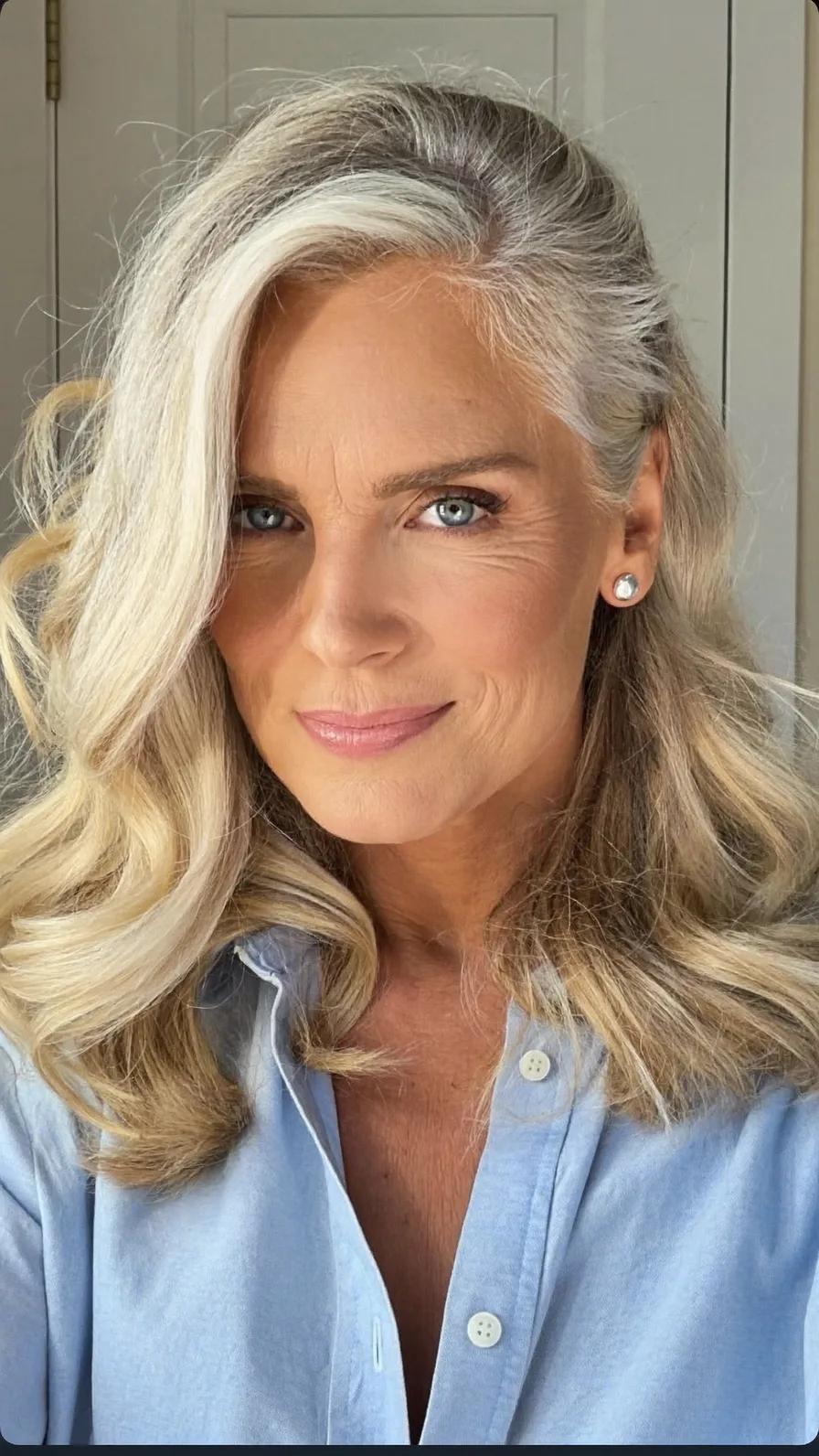 Elegant Medium-Length Blonde Waves with Side-Swept Styling