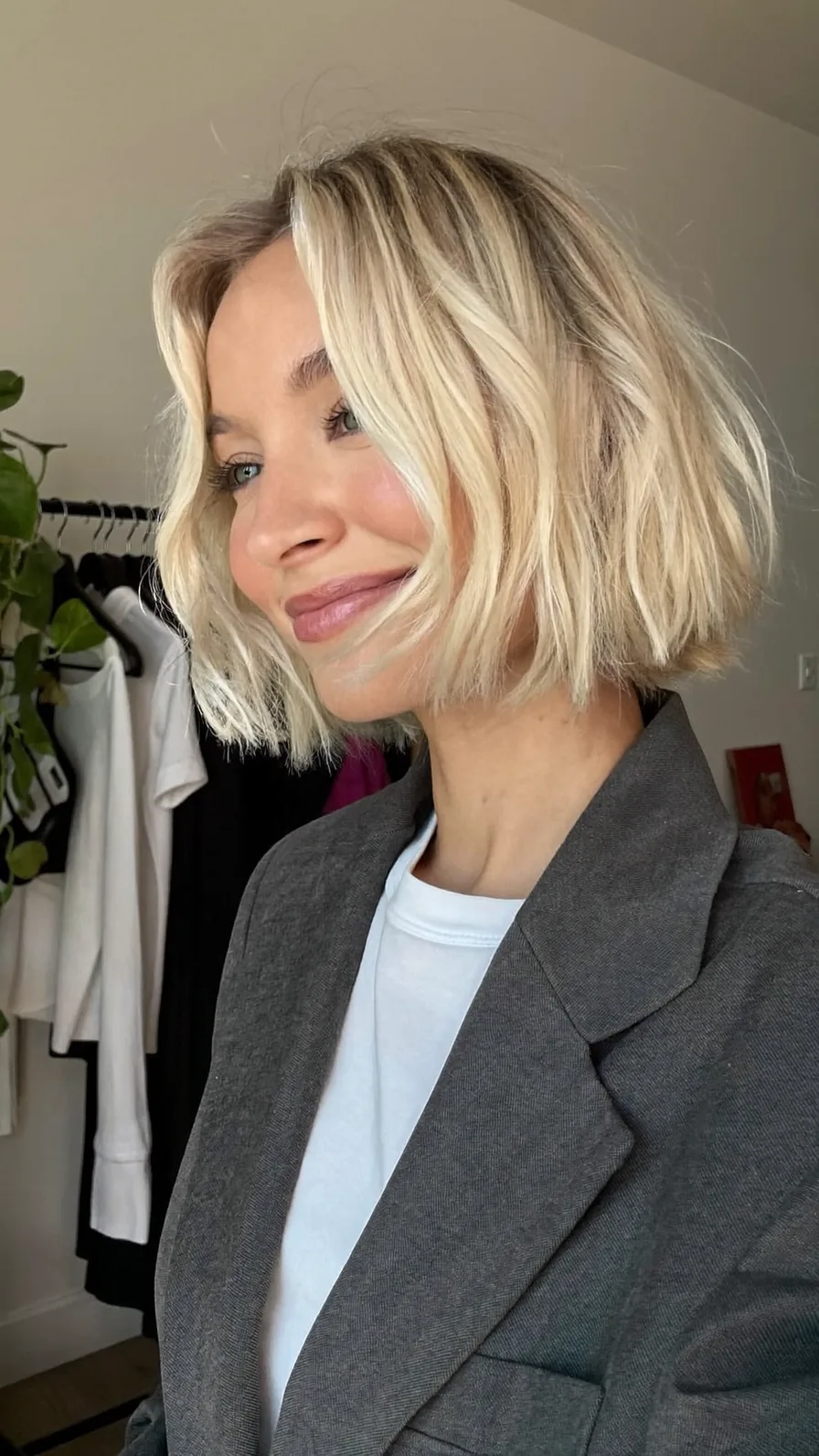 Textured Chin-Length Blonde Bob with Soft Curtain Bangs