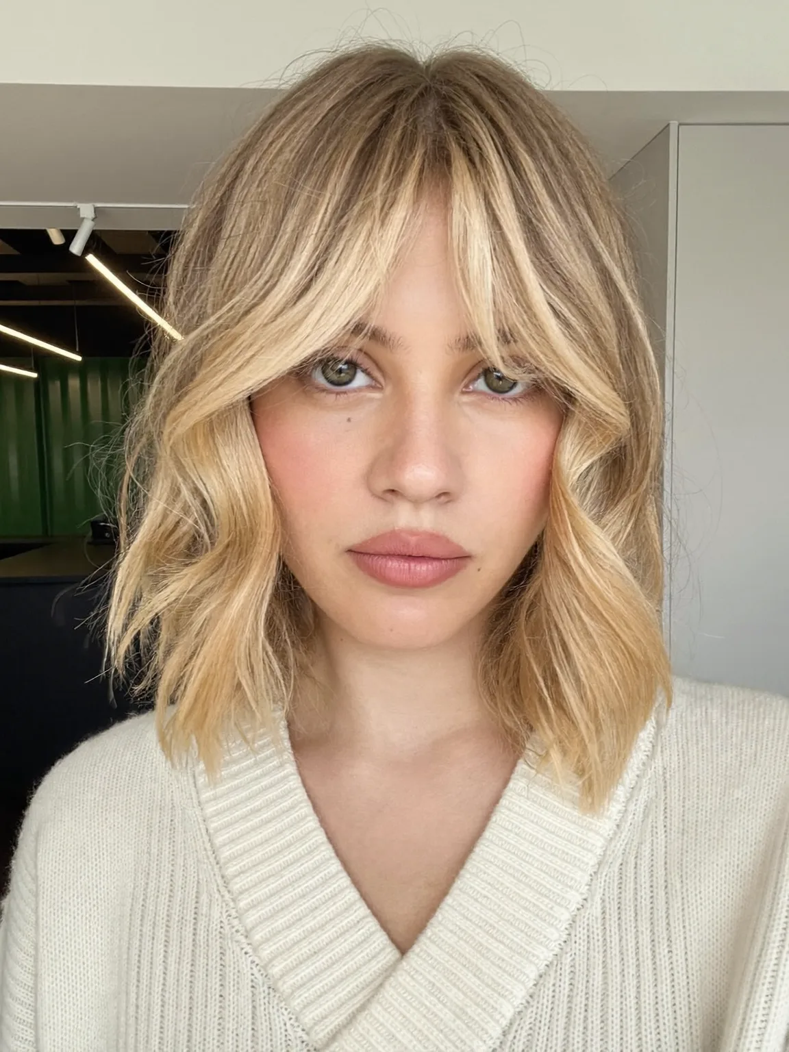 Medium Volume Sandy Blonde Lob with Curtain Bangs