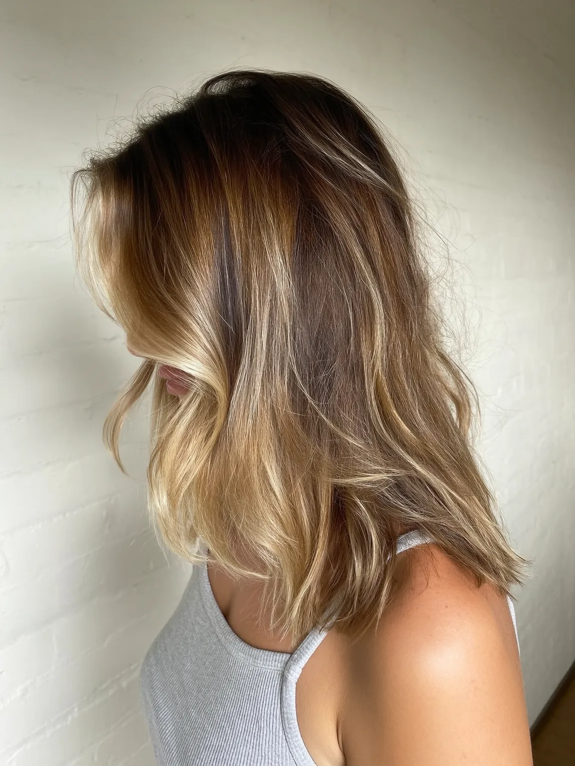 Medium Volume Honey Blonde Wavy Lob Without Bangs