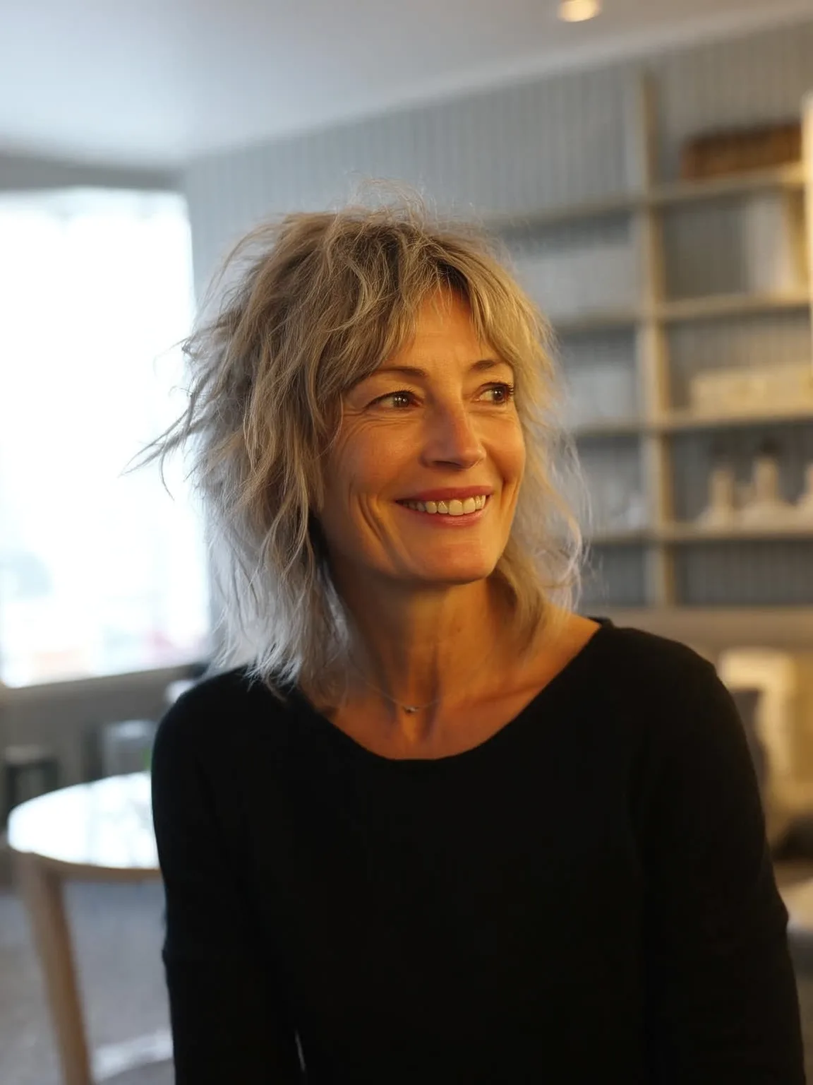 Silver Blonde Medium-Length Wavy Shag with Wispy Bangs