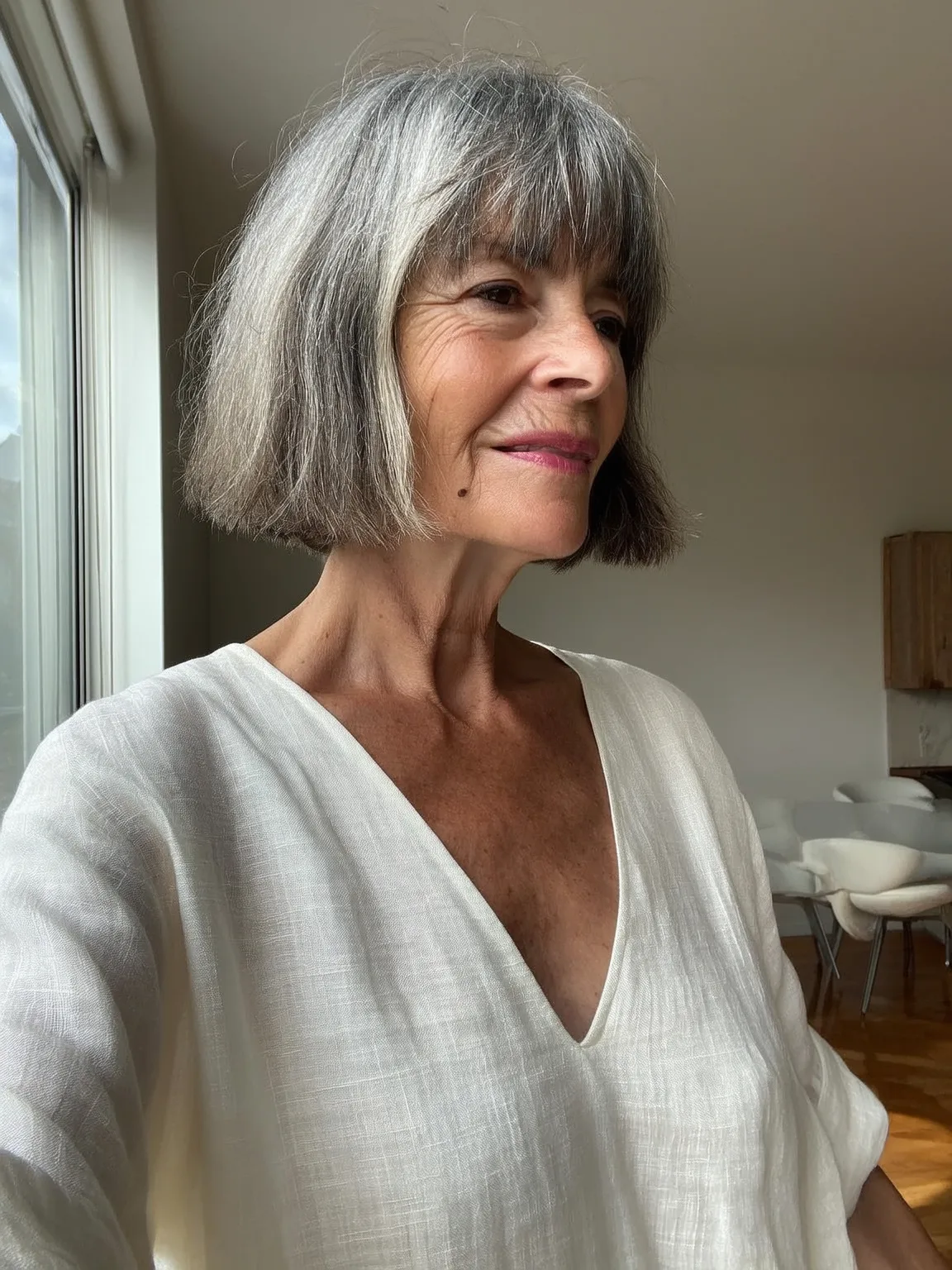 Chin-Length Silver Bob with Blunt Bangs