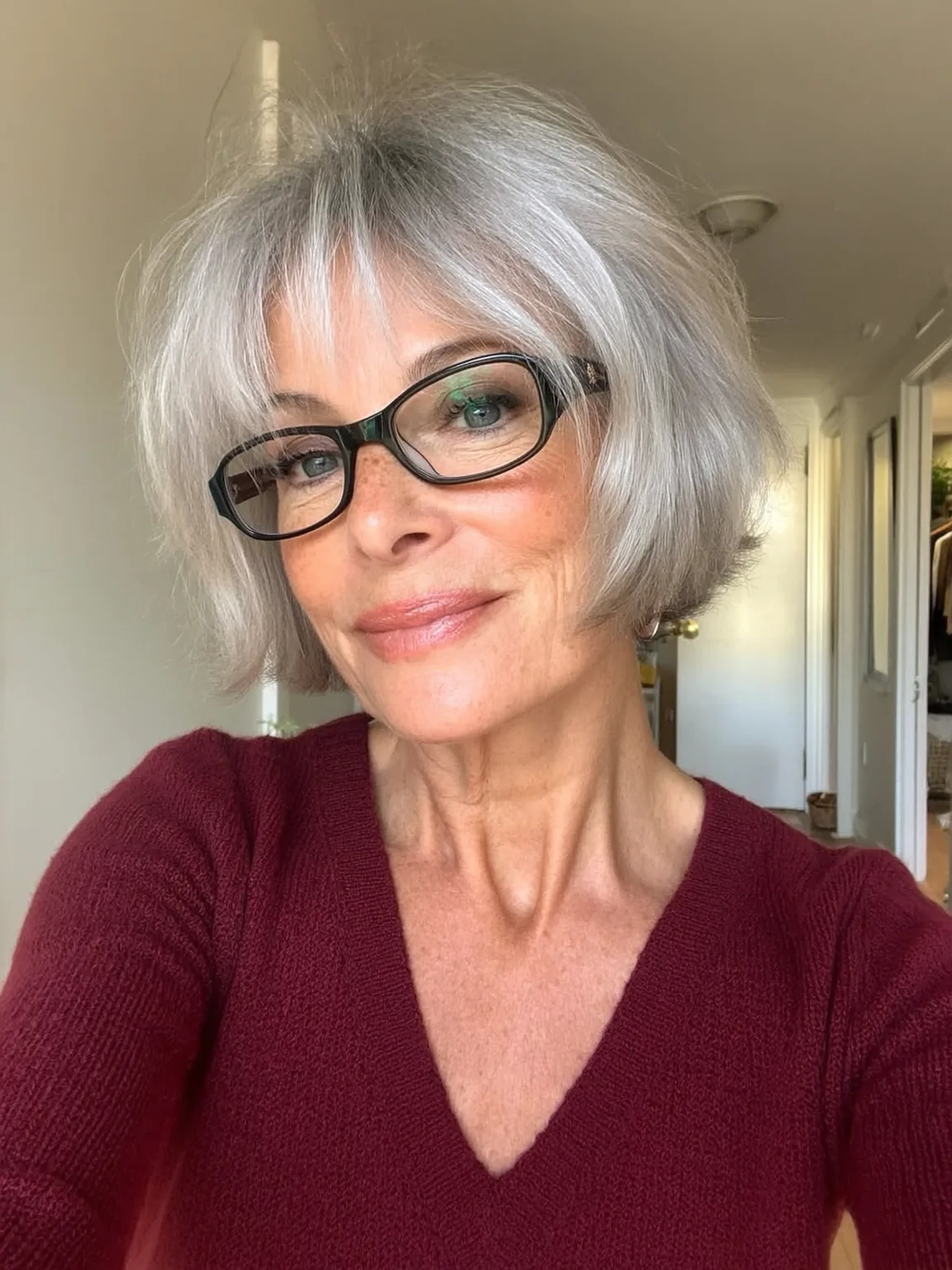 Silver Frost Chin-Length Bob with Sharp Blunt Bangs