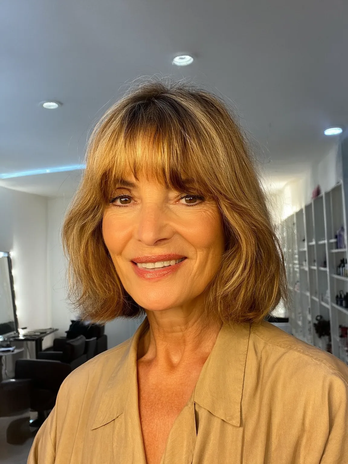 Warm Caramel Brown Wavy Bob with Blunt Bangs