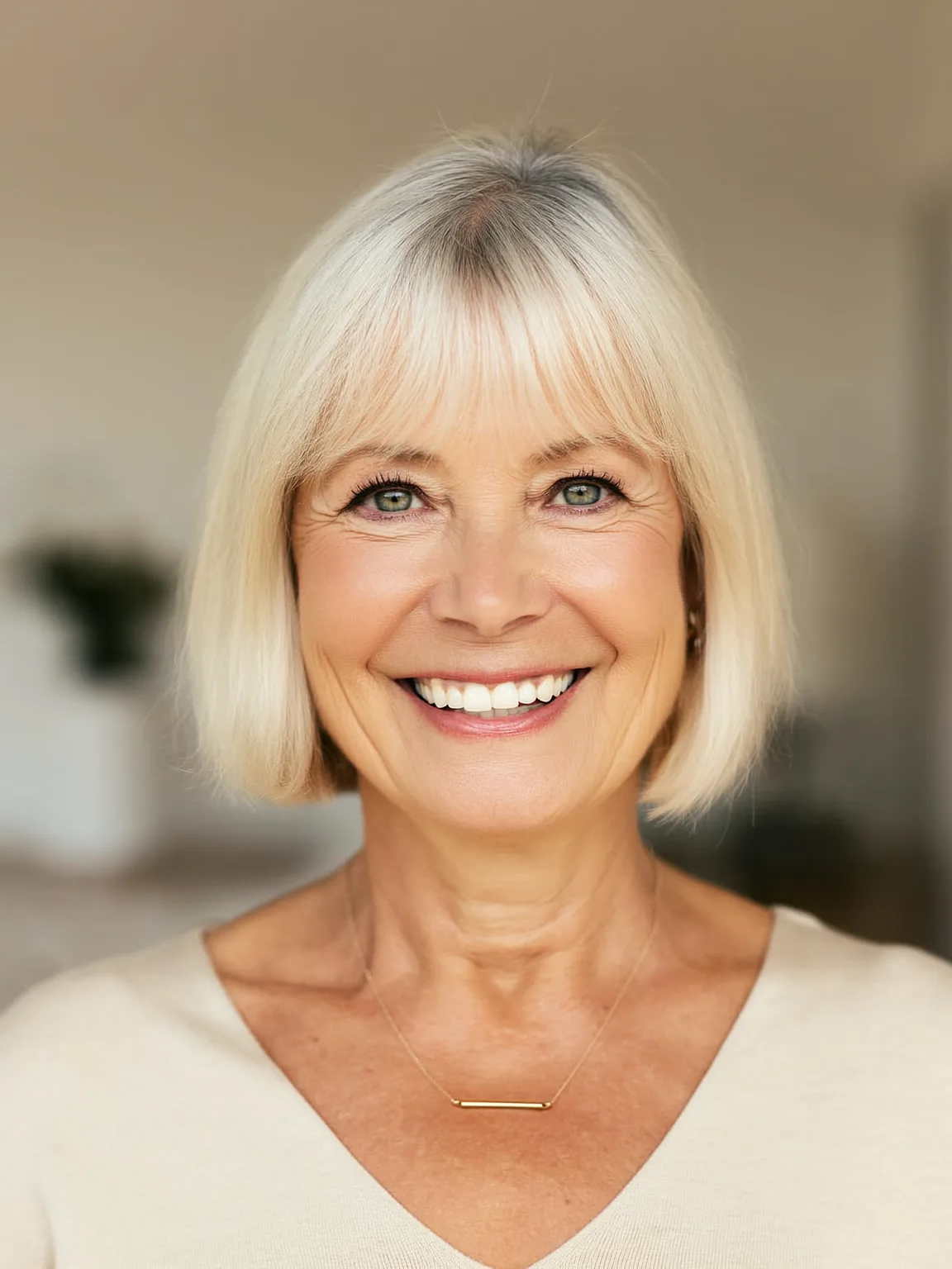 Bright Platinum Blonde Bob with Sleek Blunt Bangs