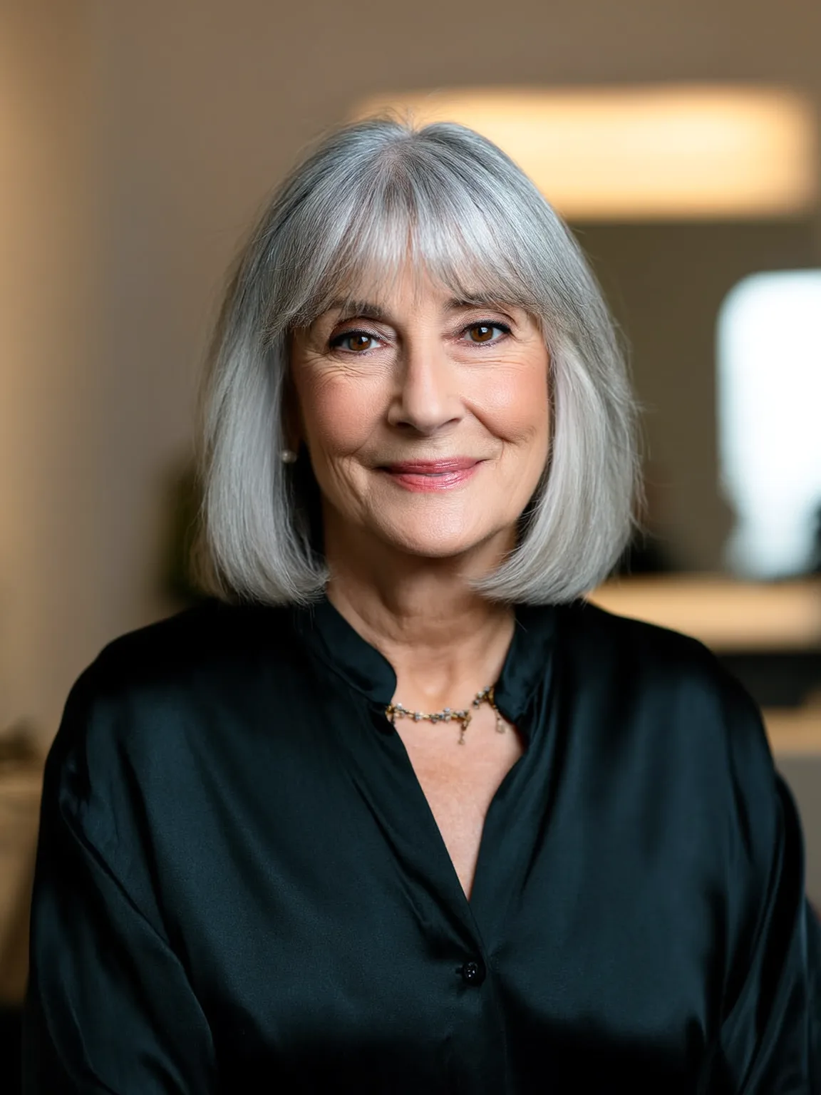 Silver Gray Straight Bob with Defined Blunt Bangs