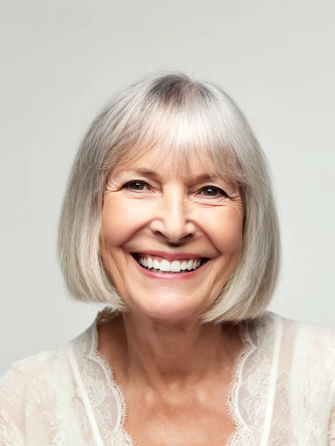 Air-Dried Silver Frost Chin-Length Bob with Blunt Bangs