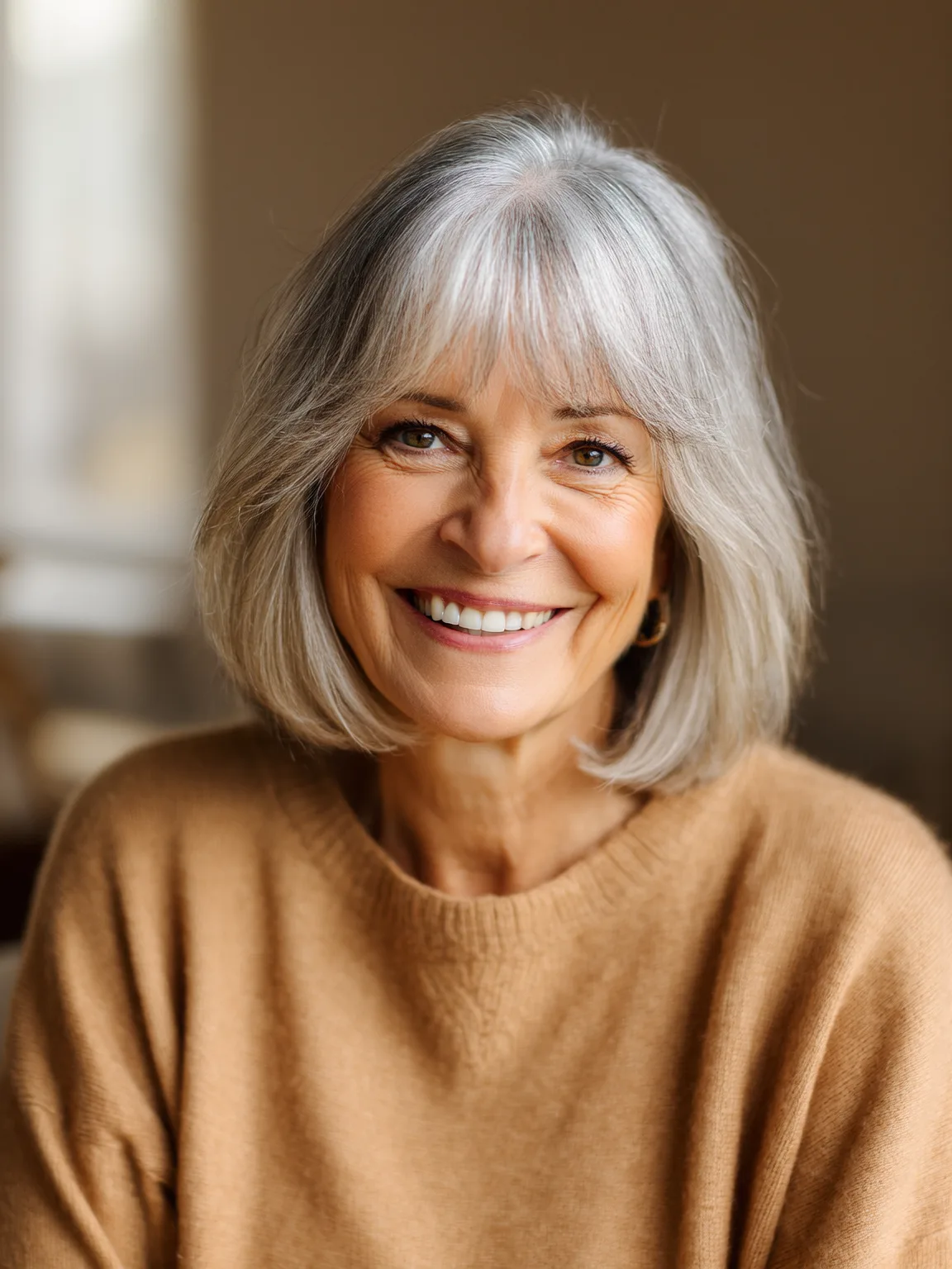 Clean Blow-Dried Silver Frost Bob with Defined Bangs