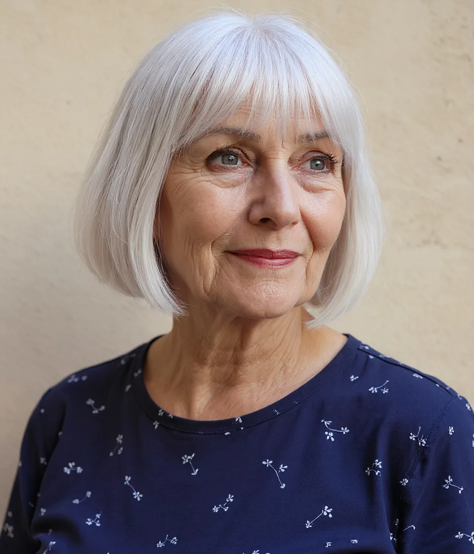 Effortlessly Cool Silver Frost Bob with Blunt Fringe