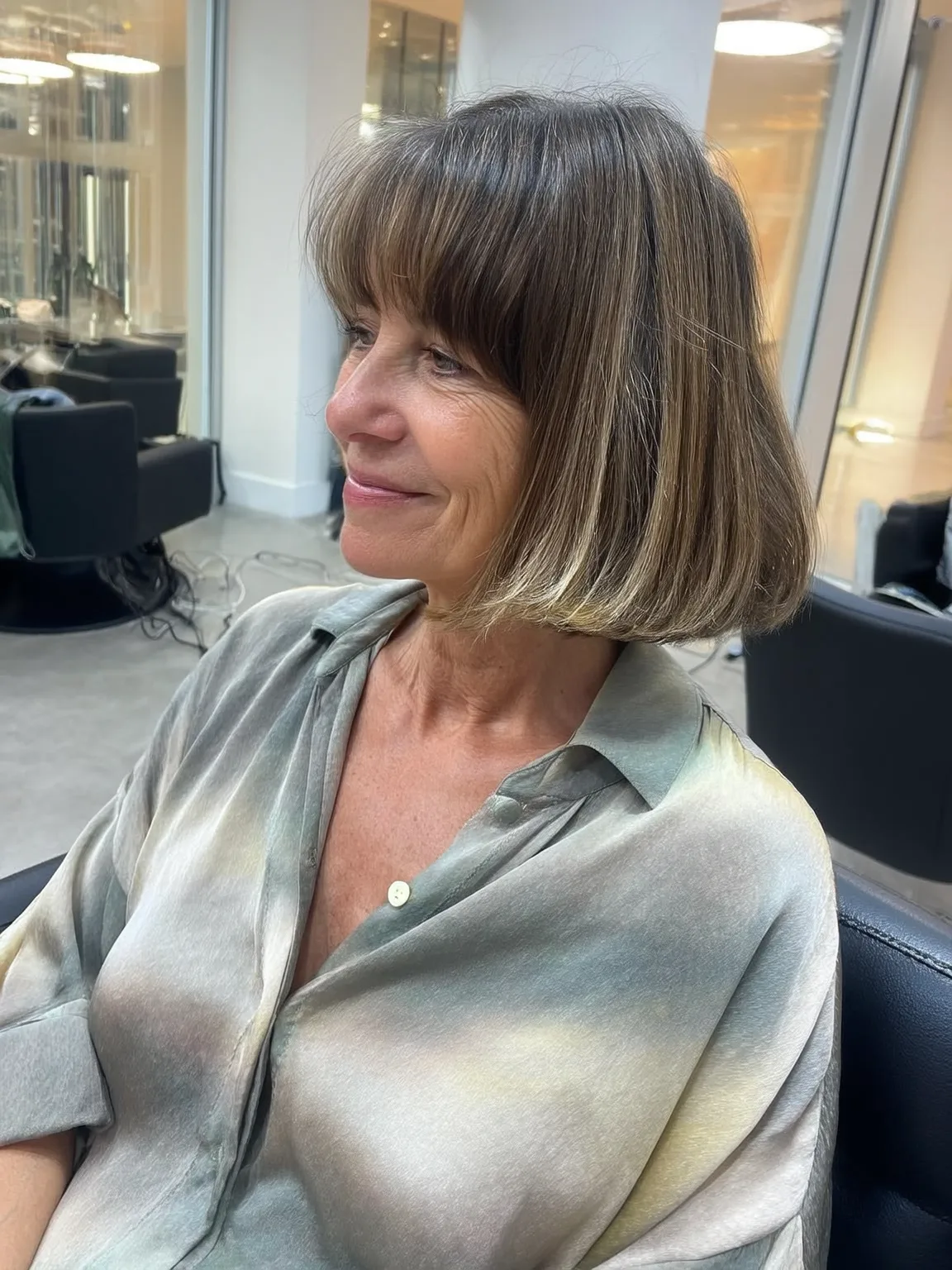 Chin-Length Classic Bob with Blunt Bangs in Cool Ash Brown