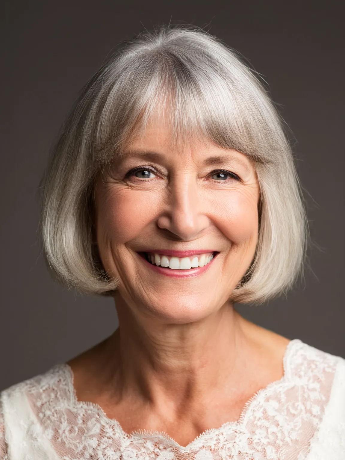 Chin-Length Silver Frost Bob with Blunt Bangs