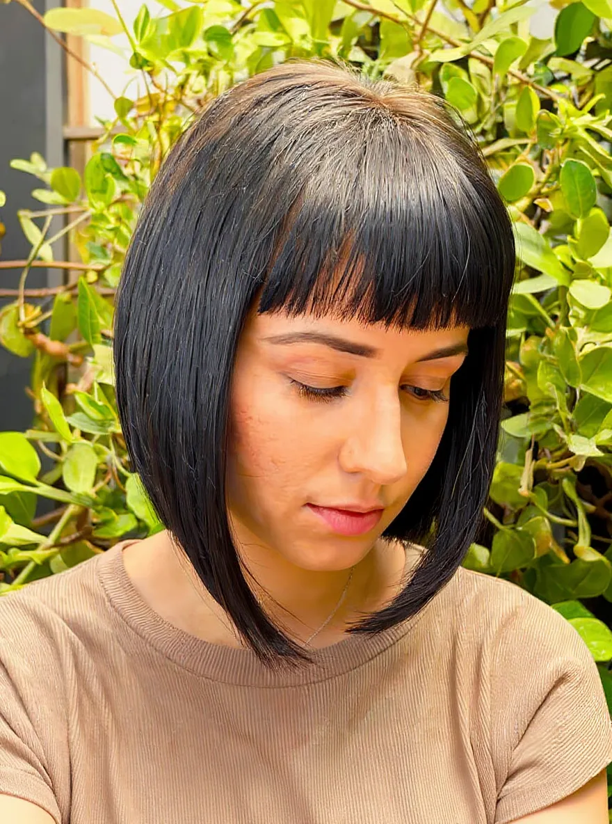 Chin-Length Bob with Blunt Bangs in Jet Black