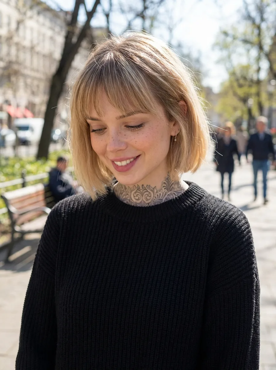 Blunt Chin-Length Bob with Natural Sandy Blonde Hue