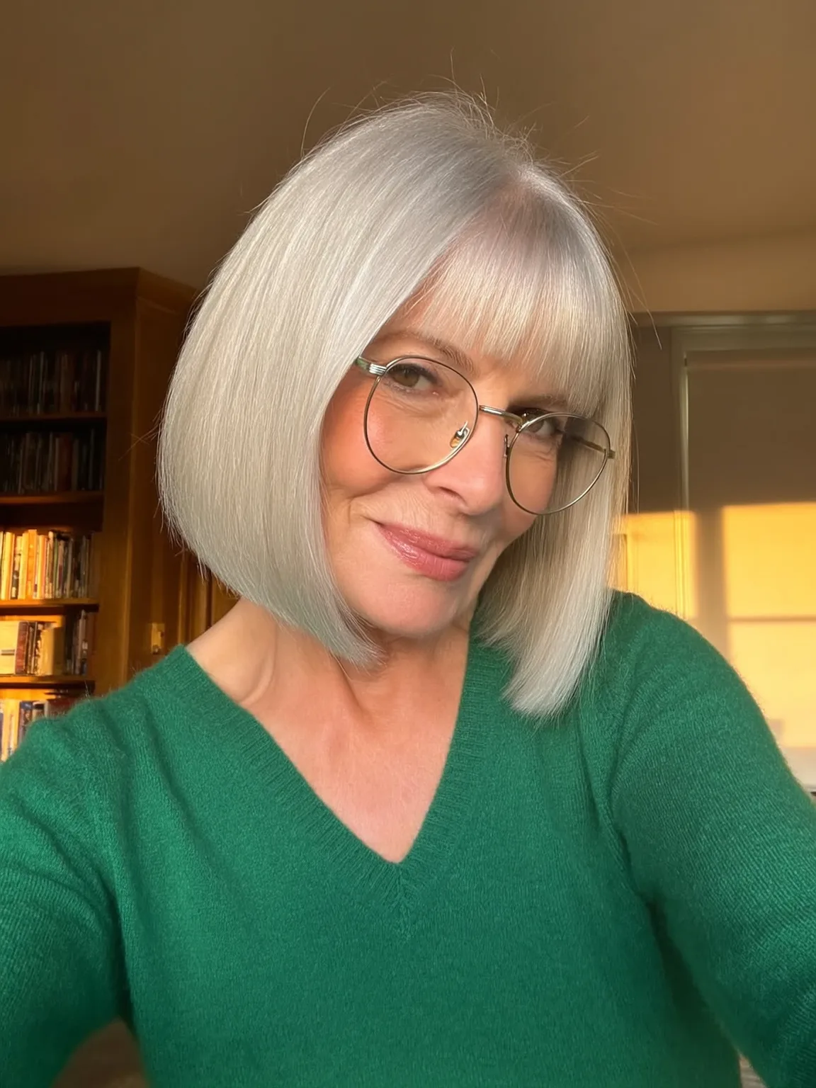 Straight Silver Frost Bob with Blunt Bangs and Medium Volume