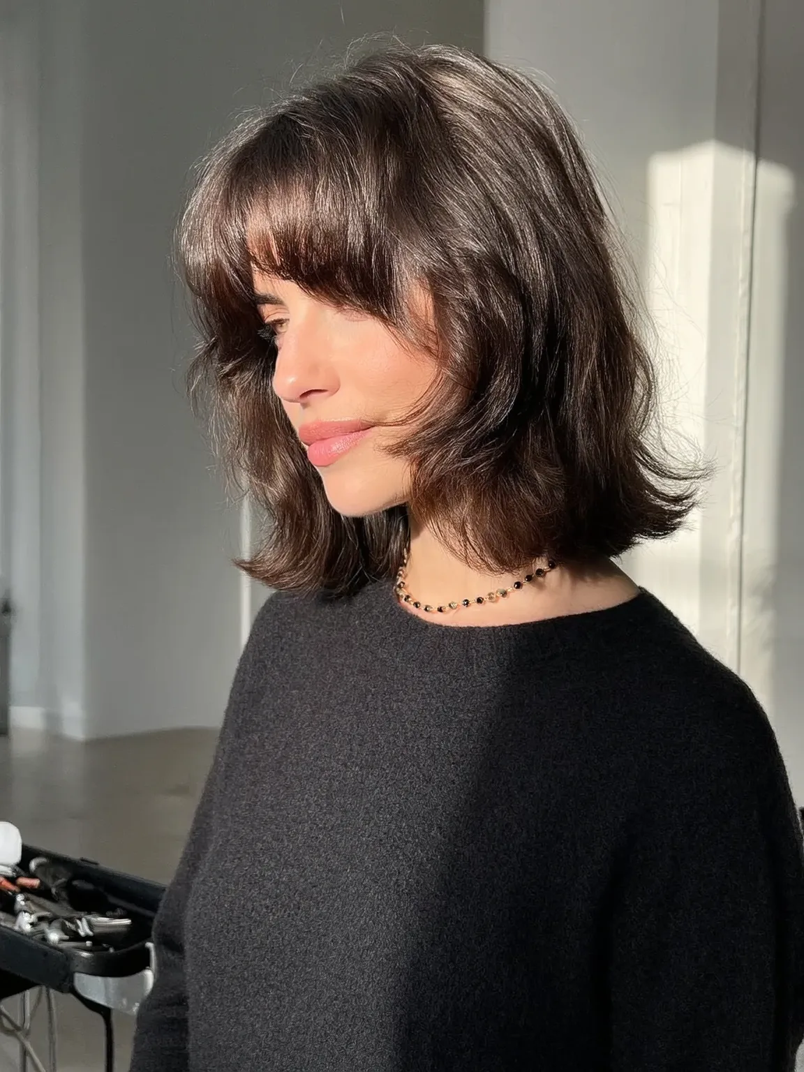Chocolate Brown Wavy Bob with Defined Blunt Bangs