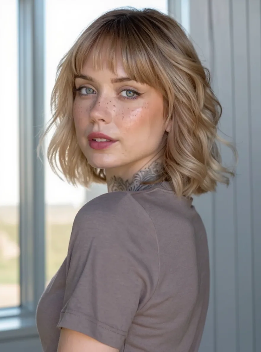 Honey Blonde Balayage Wavy Bob with Sharp Blunt Bangs