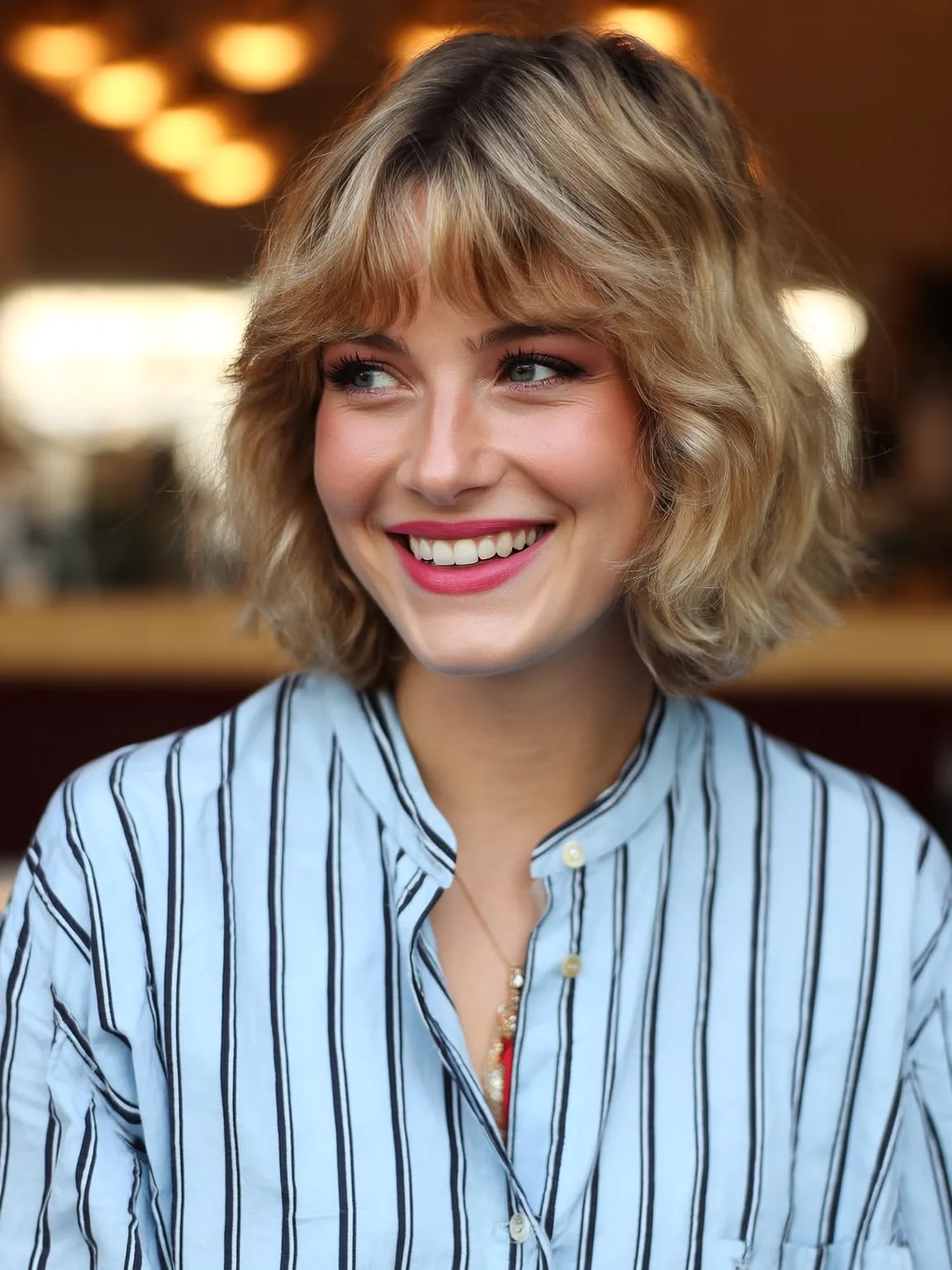 Honey Blonde Balayage Wavy Bob for Oval Faces