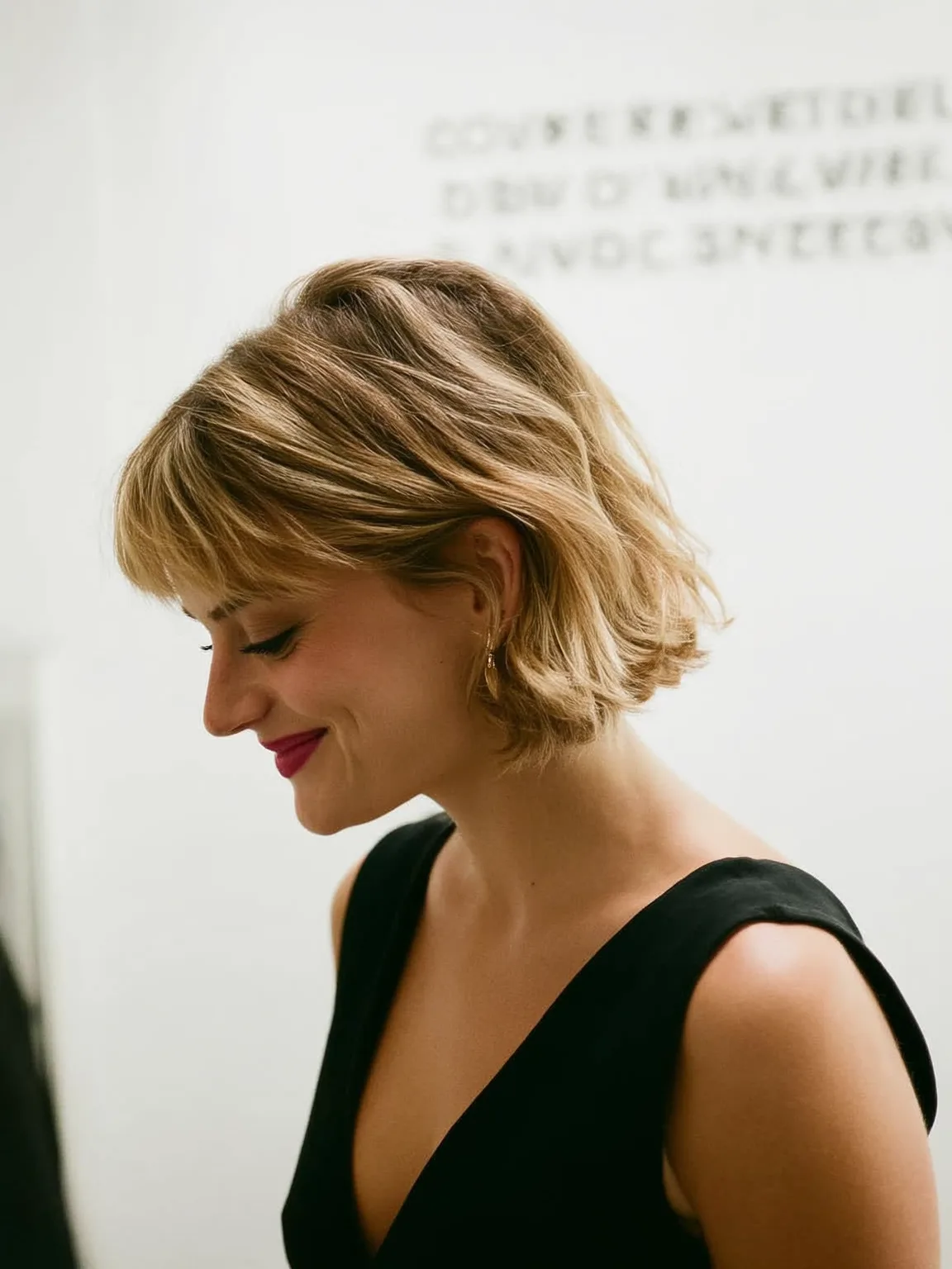 Warm Caramel Blonde Wavy Bob with Blunt Bangs