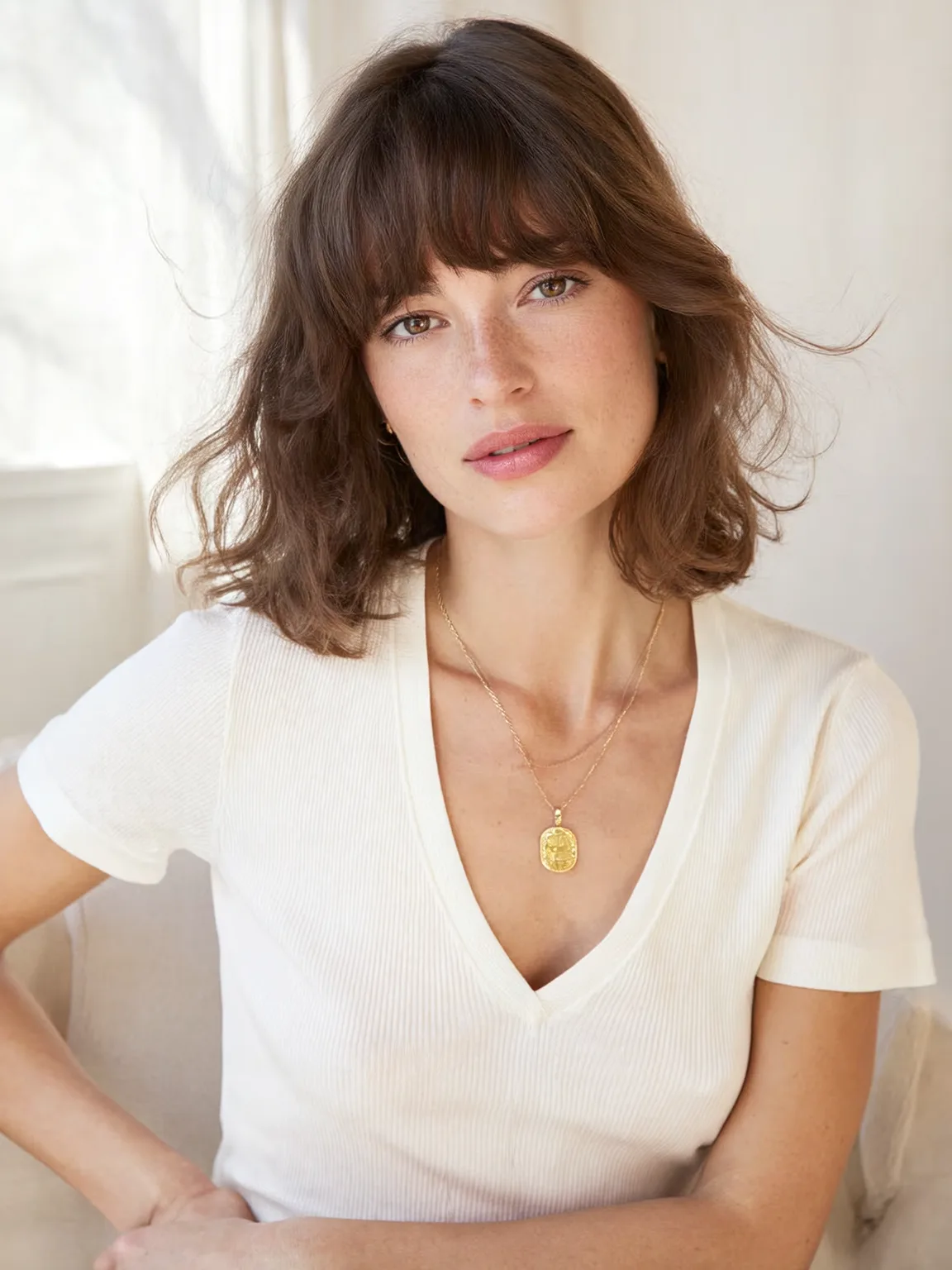 Wavy Warm Chestnut Brown Bob with Blunt Bangs