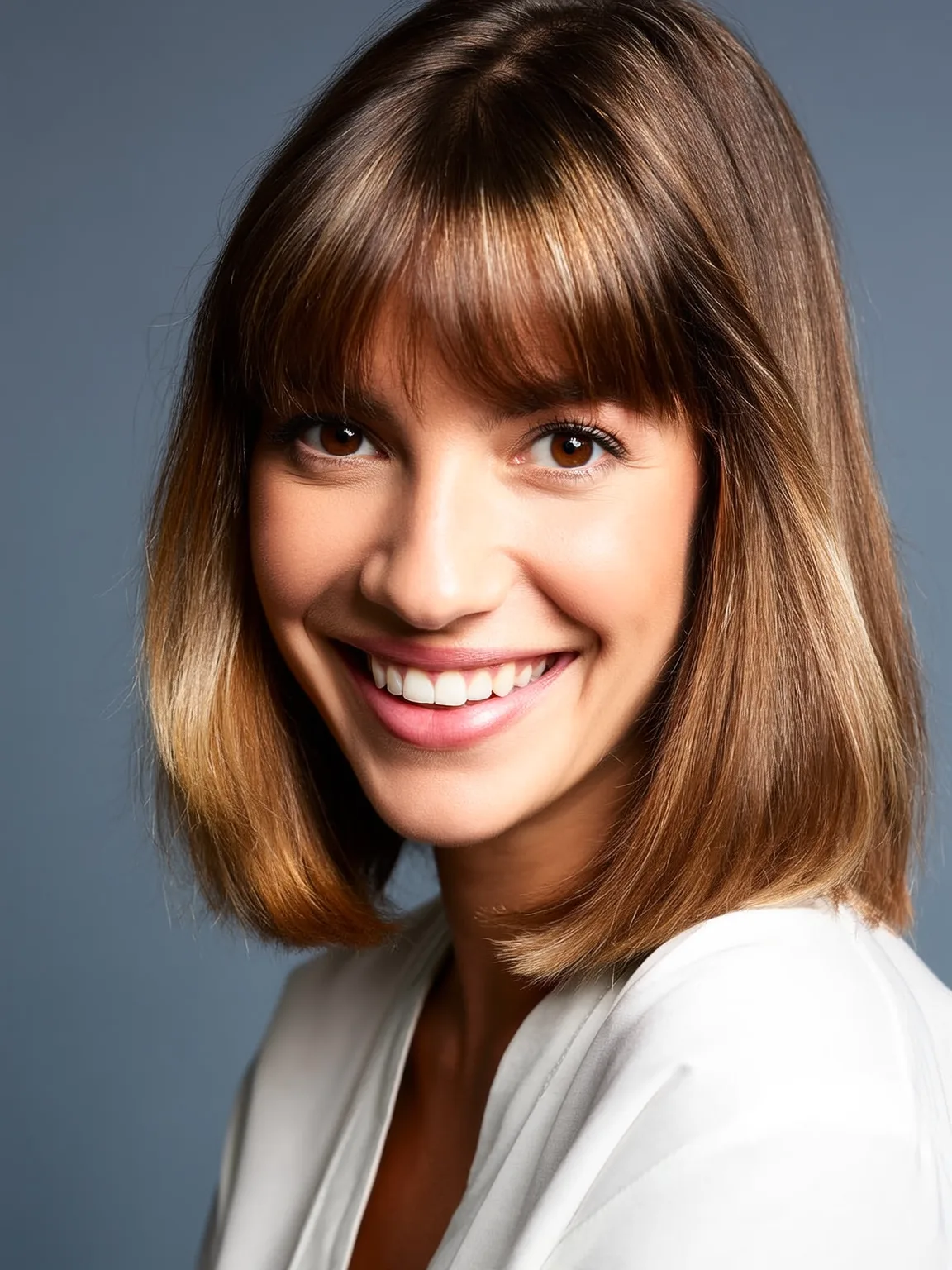 Warm Caramel Brown Straight Chin-Length Bob with Blunt Bangs