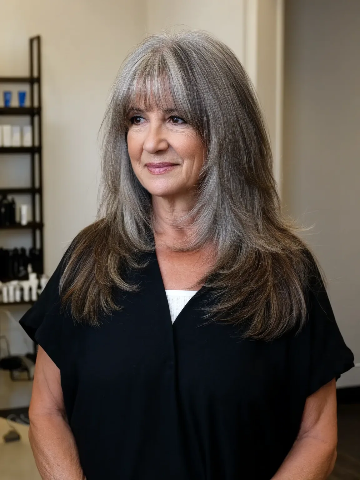 Long Silver Frost Straight Layers with Sharp Blunt Bangs