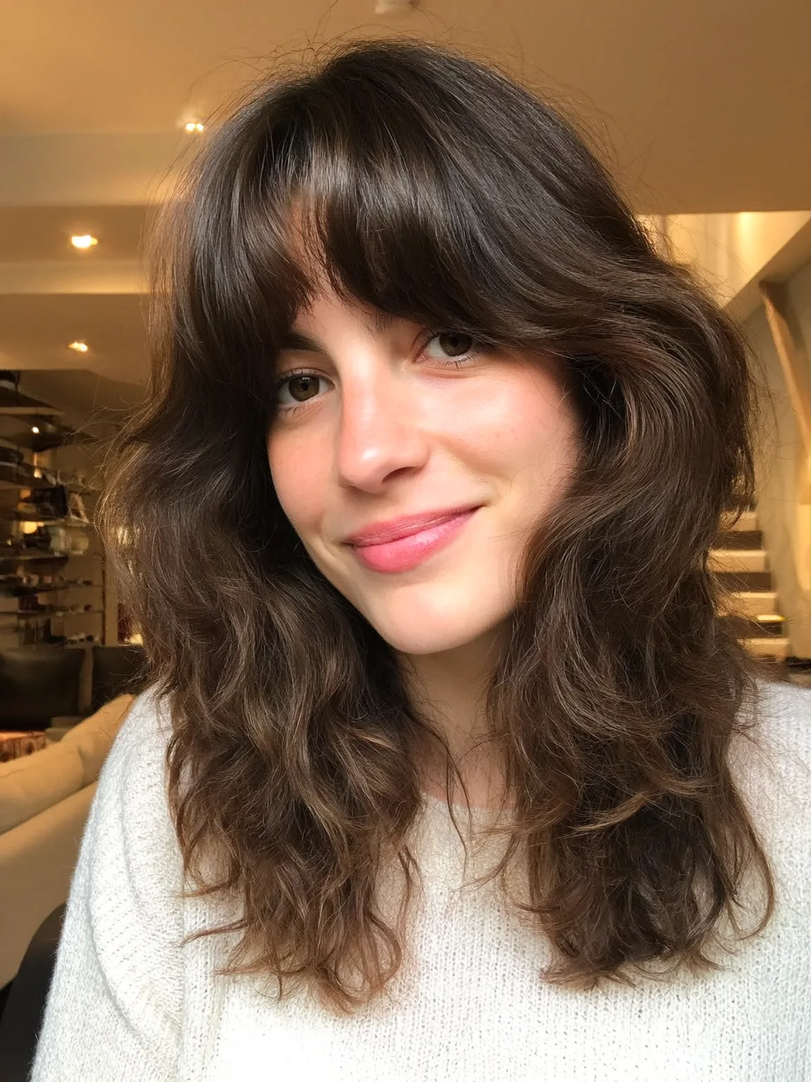 Voluminous Medium Chestnut Brown Shag with Blunt Bangs