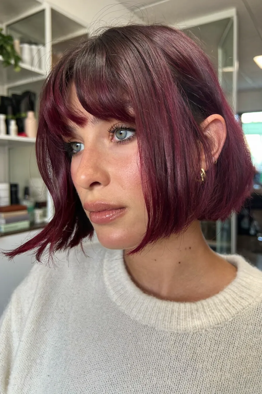 Rich Burgundy Blunt Bob with Bold Full Bangs