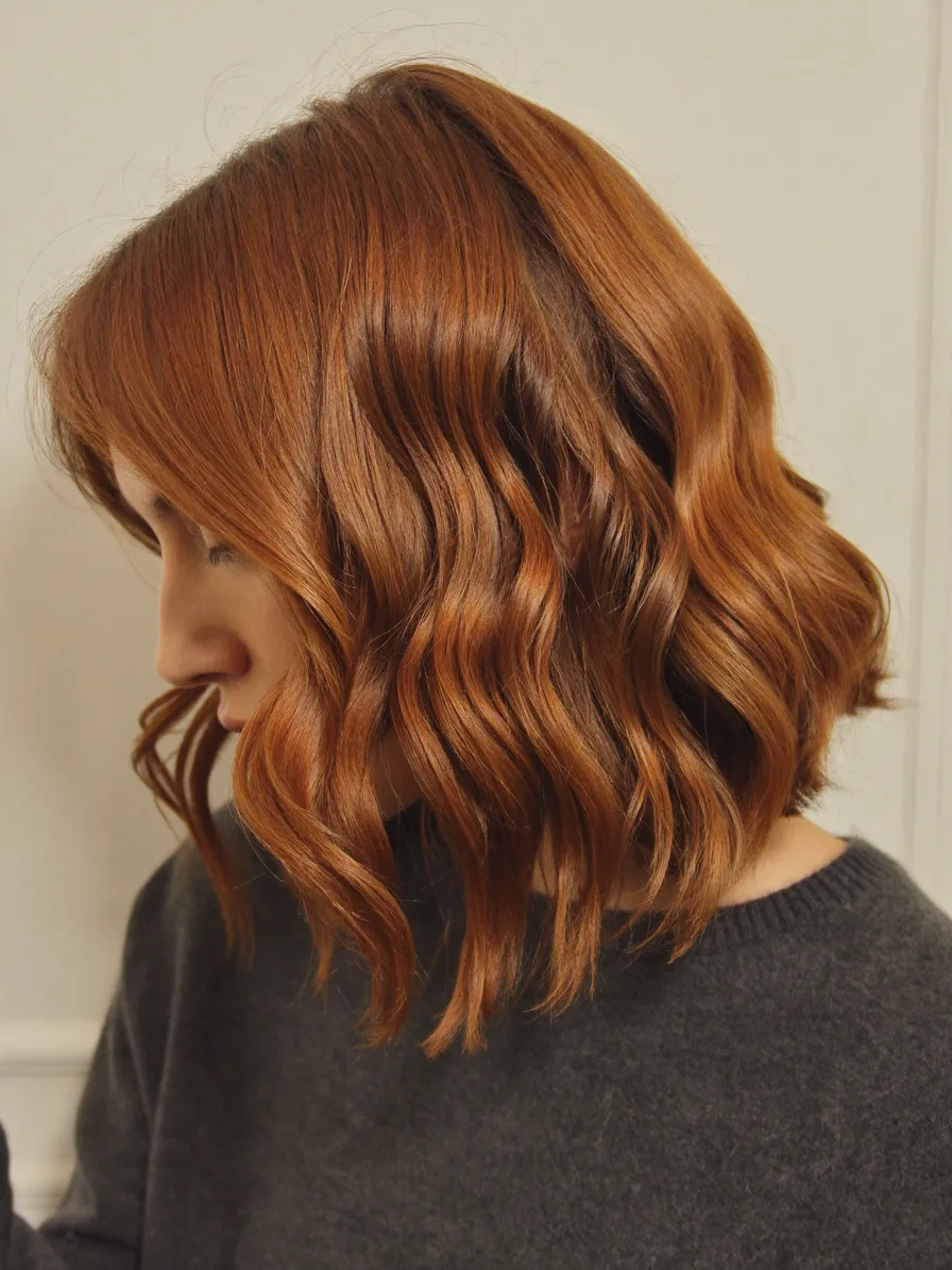 Chic Warm Copper Bob with Flowing Soft Side-Swept Waves