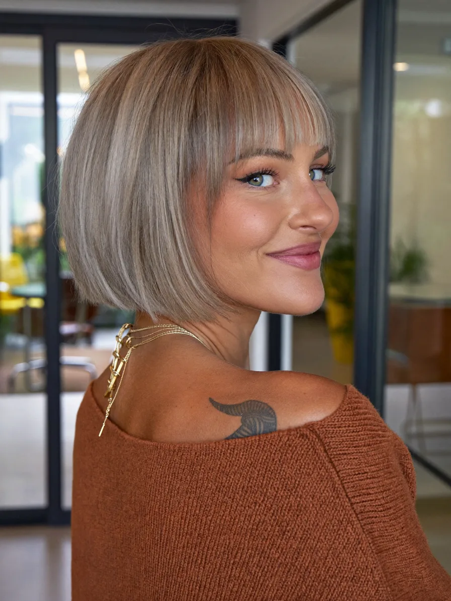 Chic Blunt Bob with Blunt Bangs for Cool Ash Blonde Hair