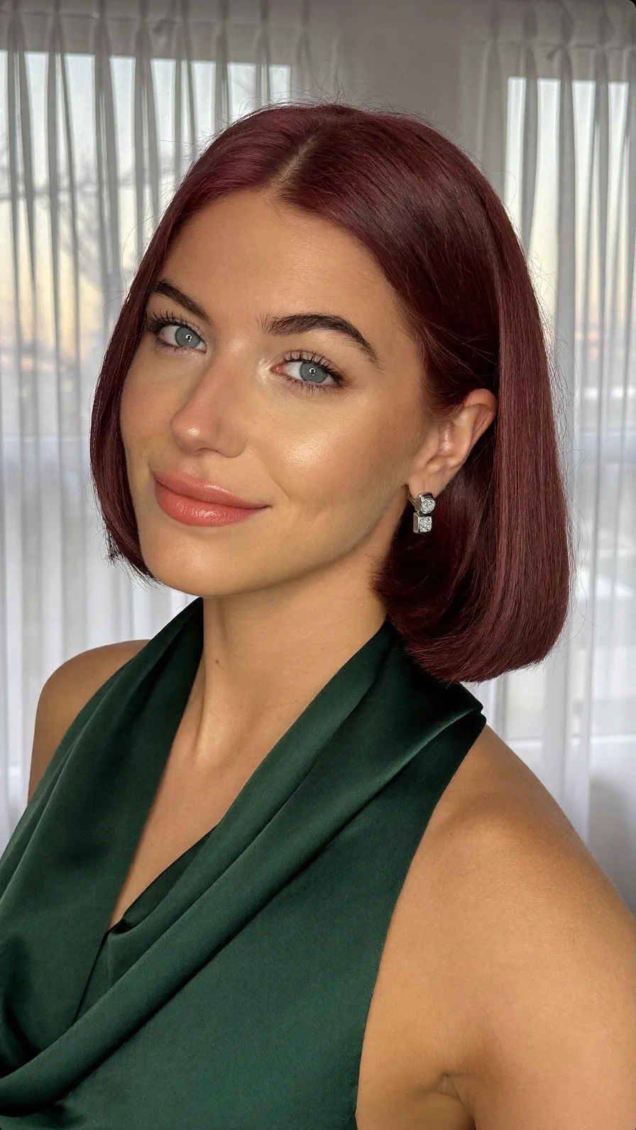Chin-Length Blunt Cut Bob in Rich Auburn with Center Parting
