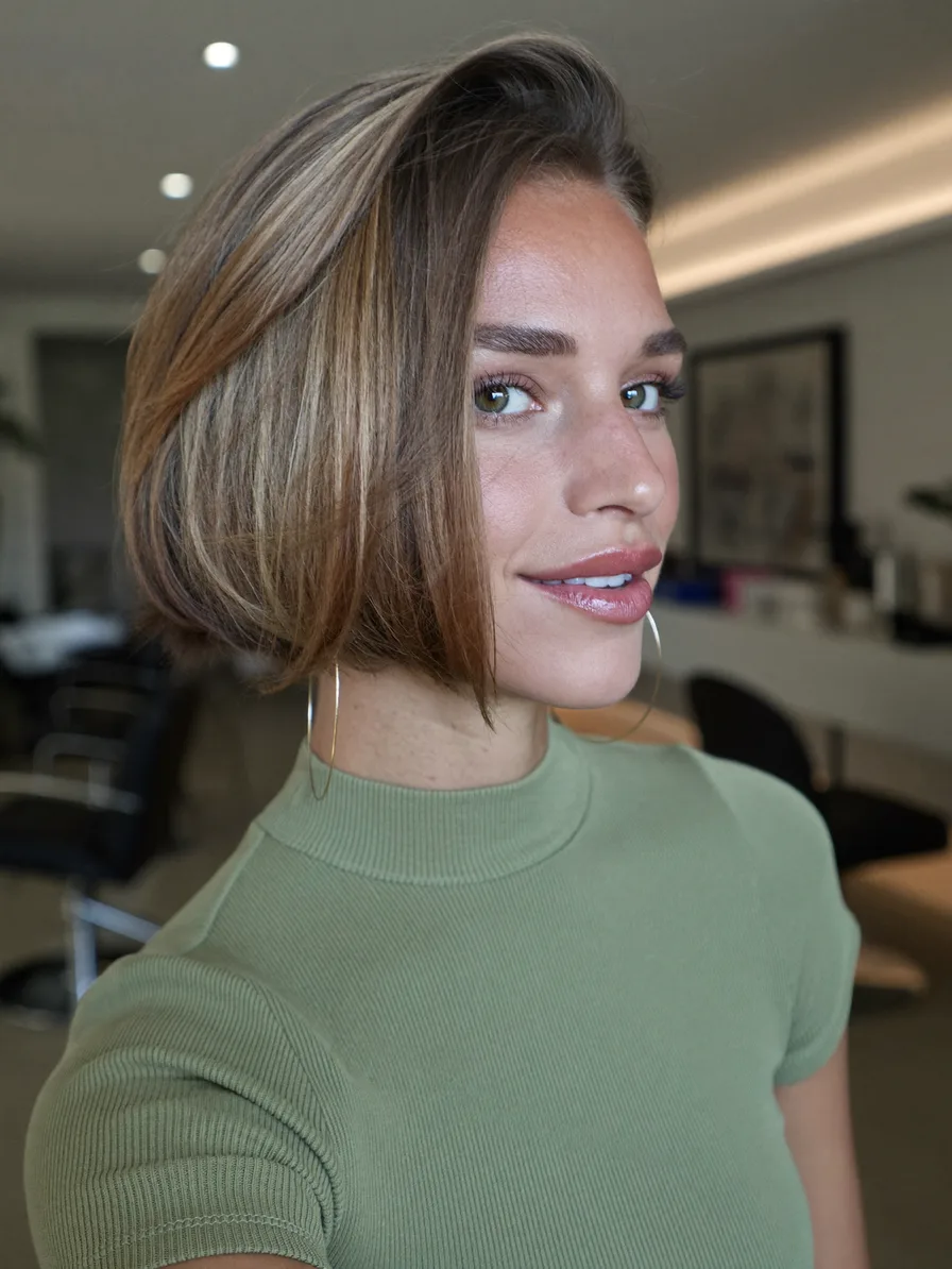 Elegant Warm Honey Brown Classic Blunt Bob with Highlights