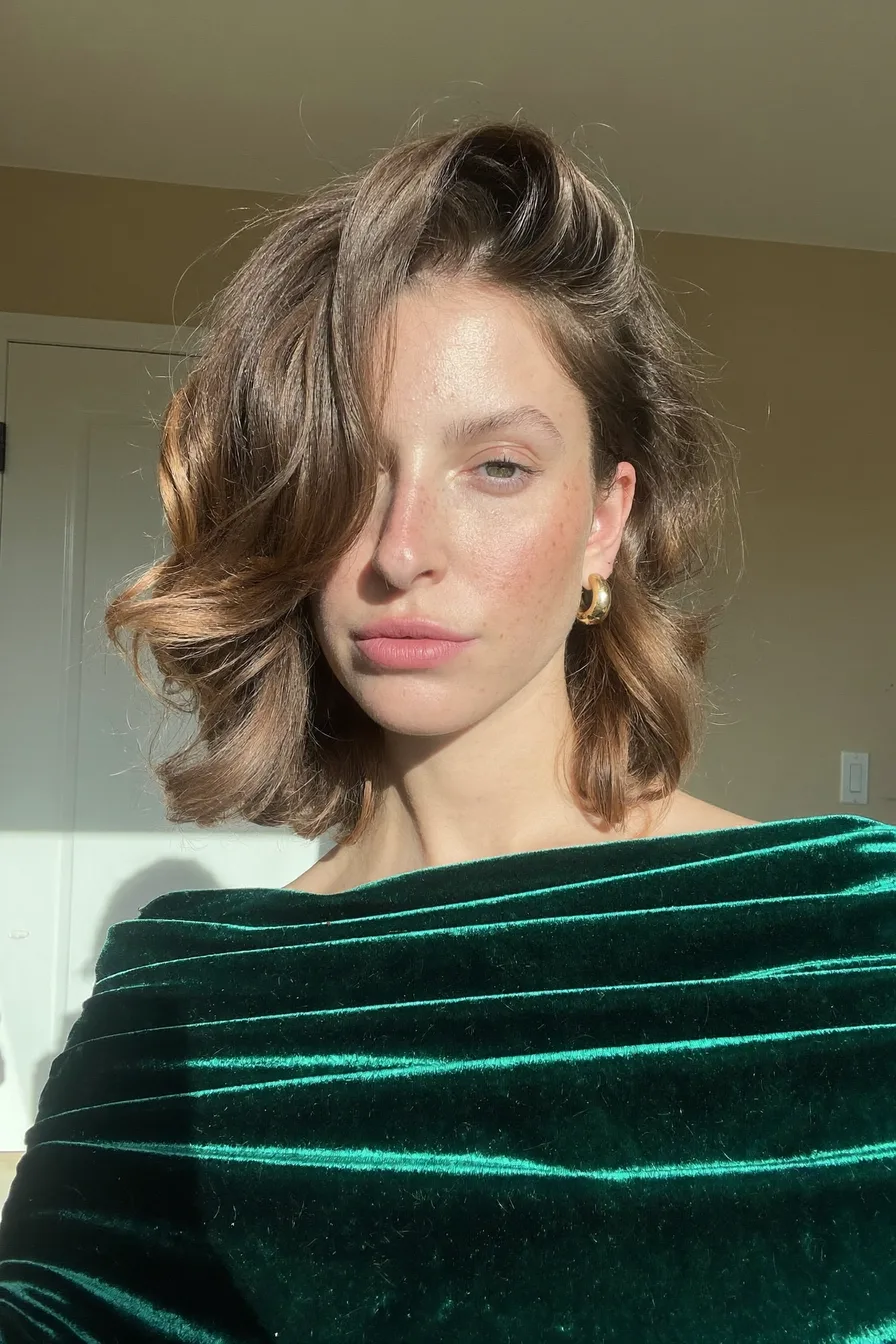 Elegant Chin-Length Wavy Bob with Deep Side Part