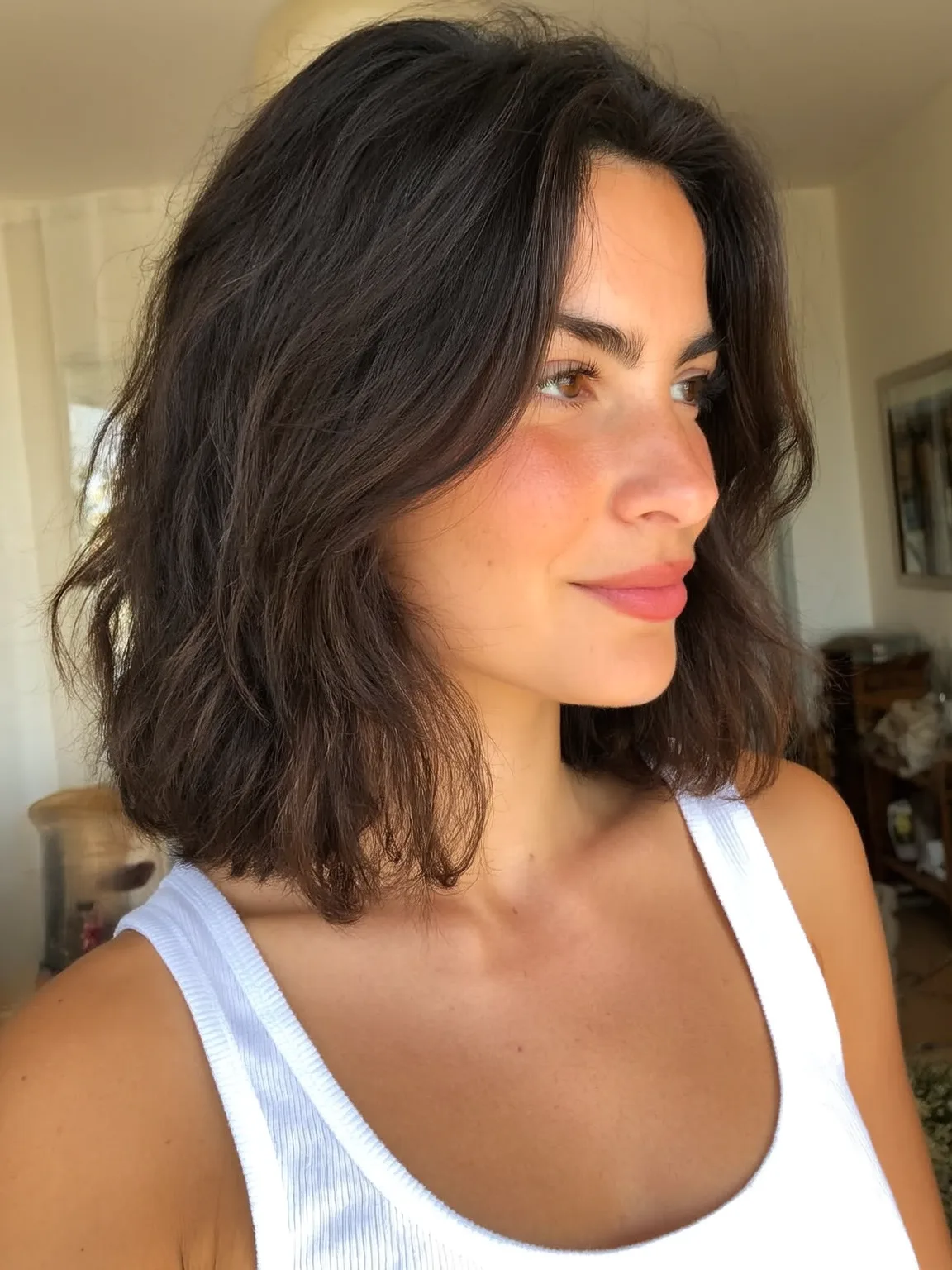 Chin-Length Bob with Natural Espresso Brown Waves