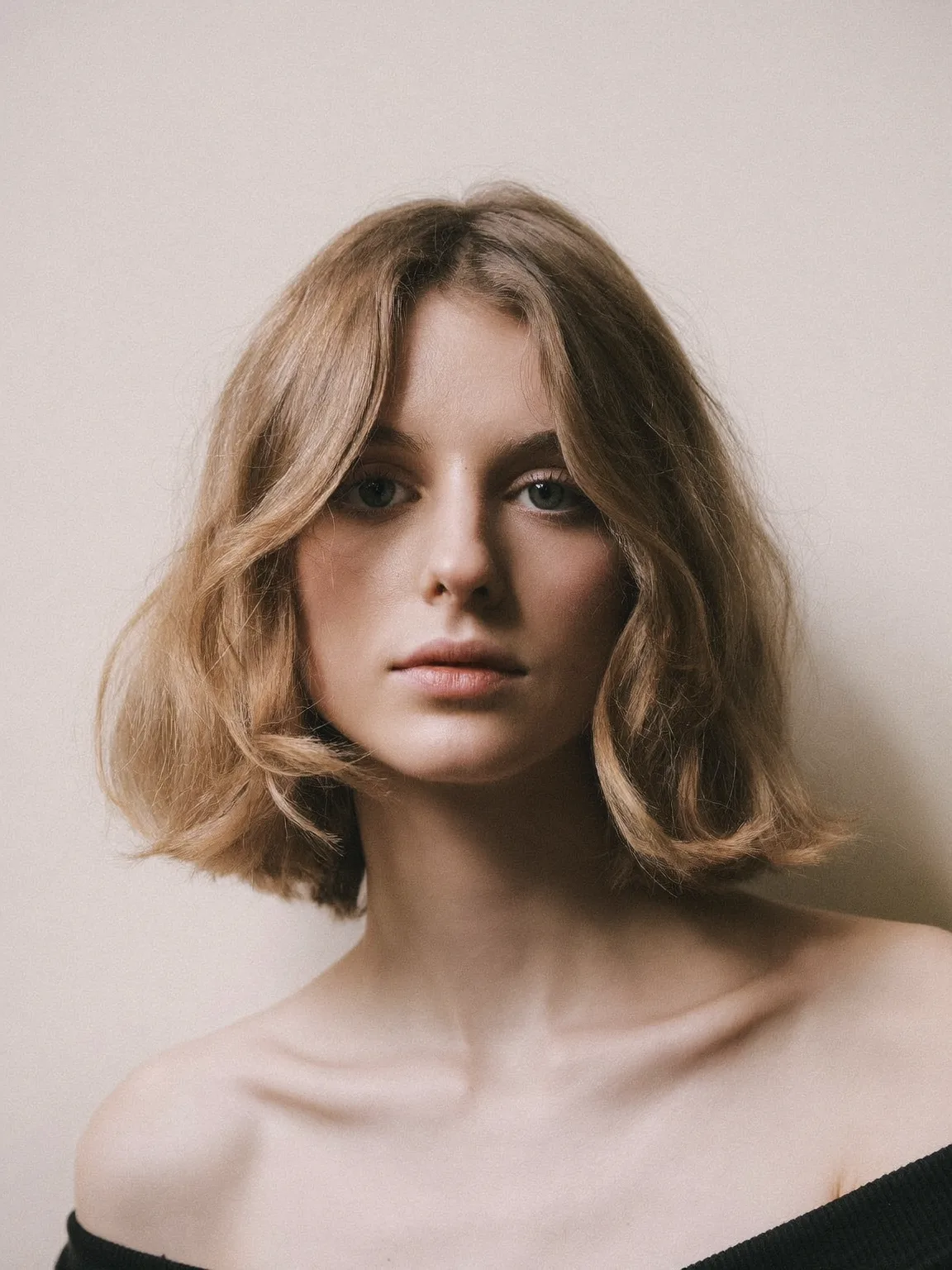 Oval Face Sandy Blonde Wavy Bob with Curtain Bangs