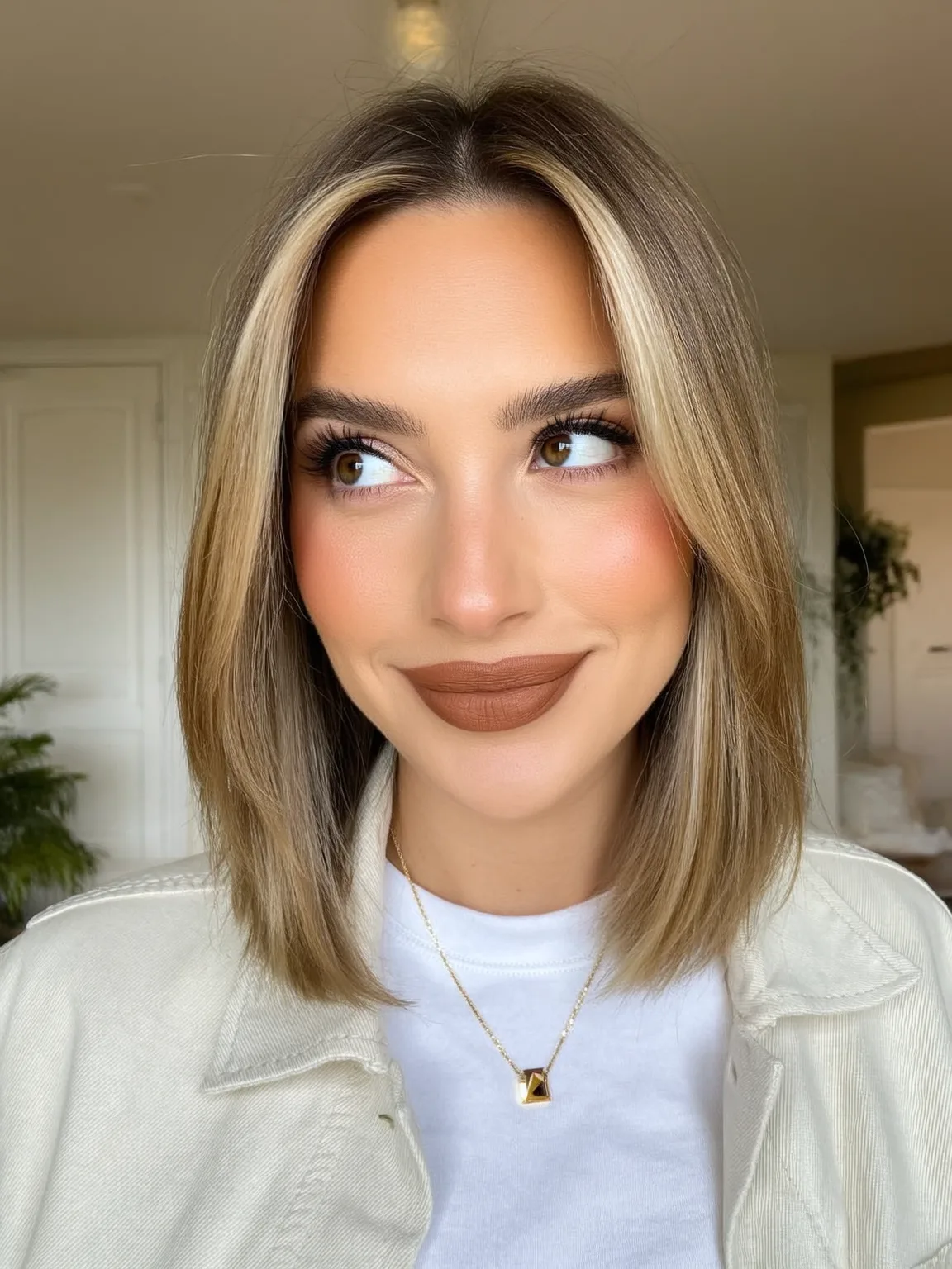 Warm Caramel Brown Lob with Honey Balayage