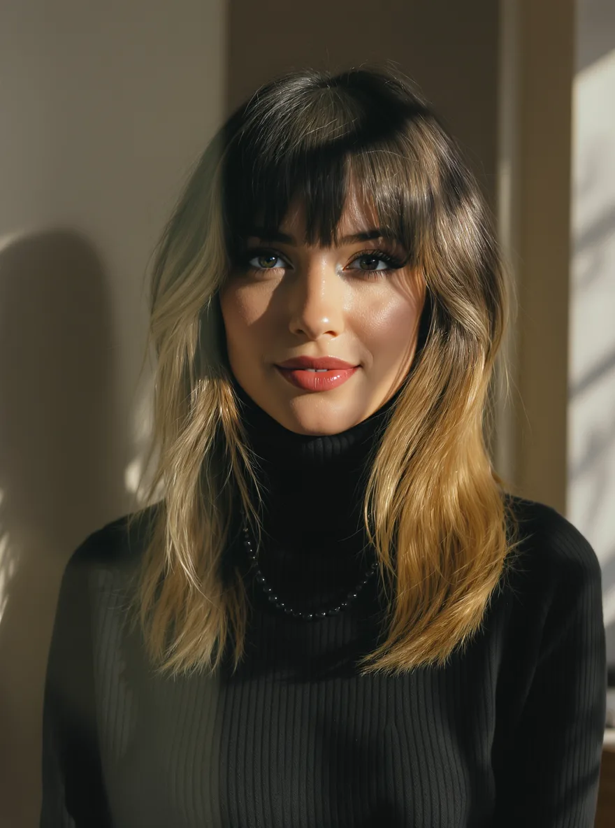 Honey Blonde Balayage Lob with Blunt Bangs