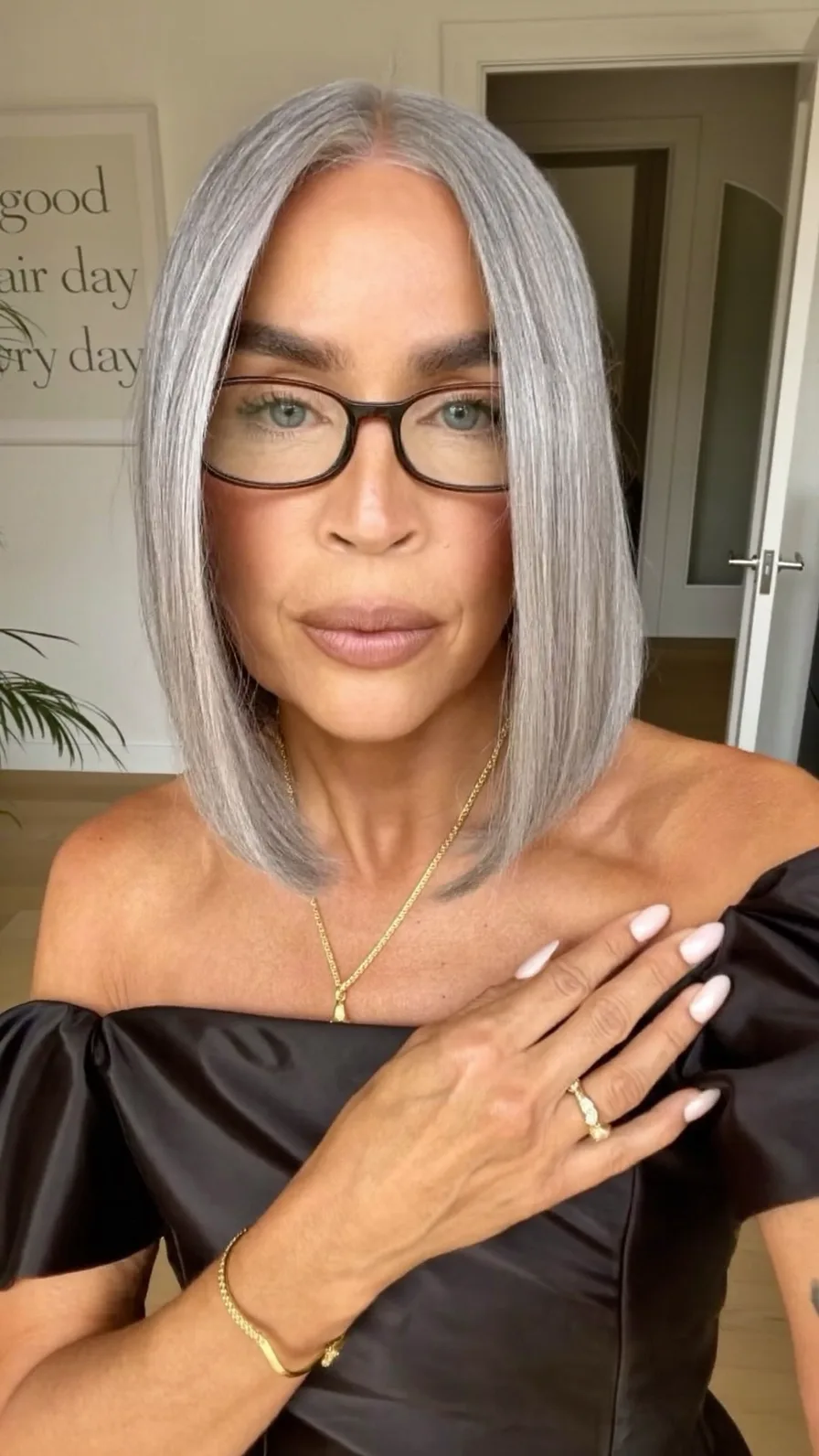 Sleek Shoulder-Length Silver Gray Lob with Center Part
