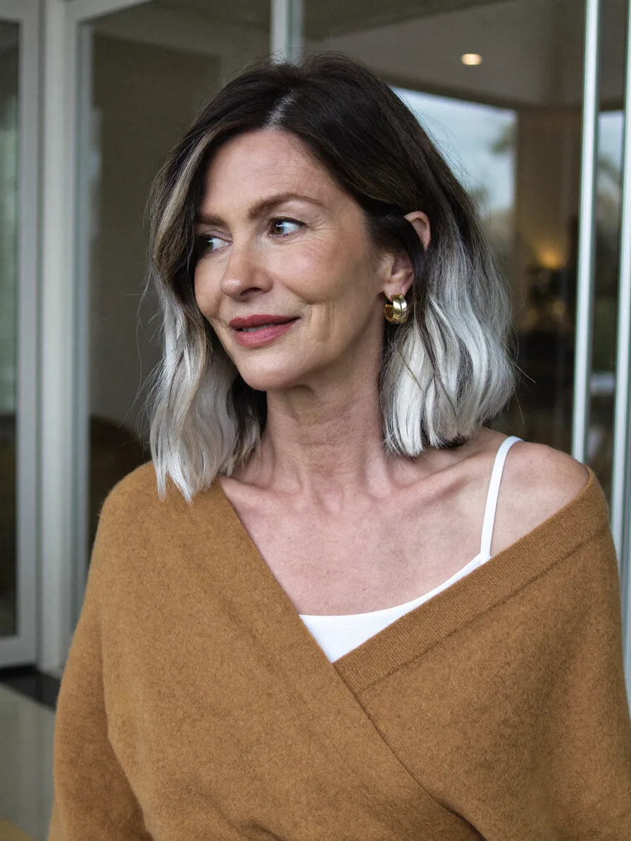 Chic Wavy Lob with Dark Brown to Platinum Blonde Ombre