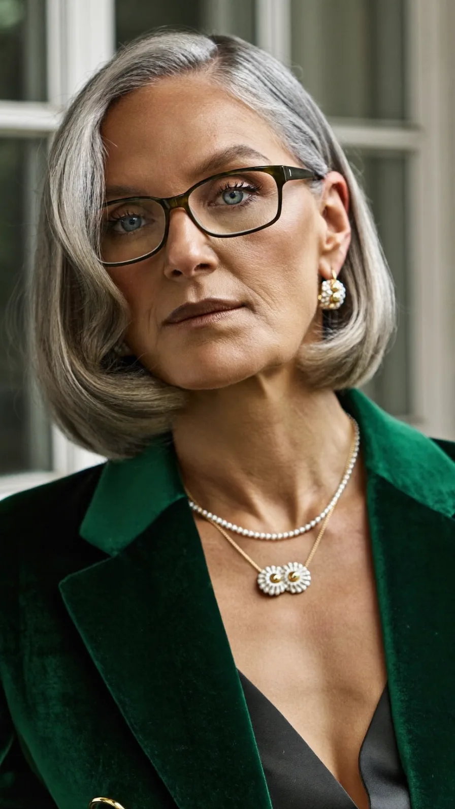 Elegant Chin-Length Silver Bob with Side-Swept Styling