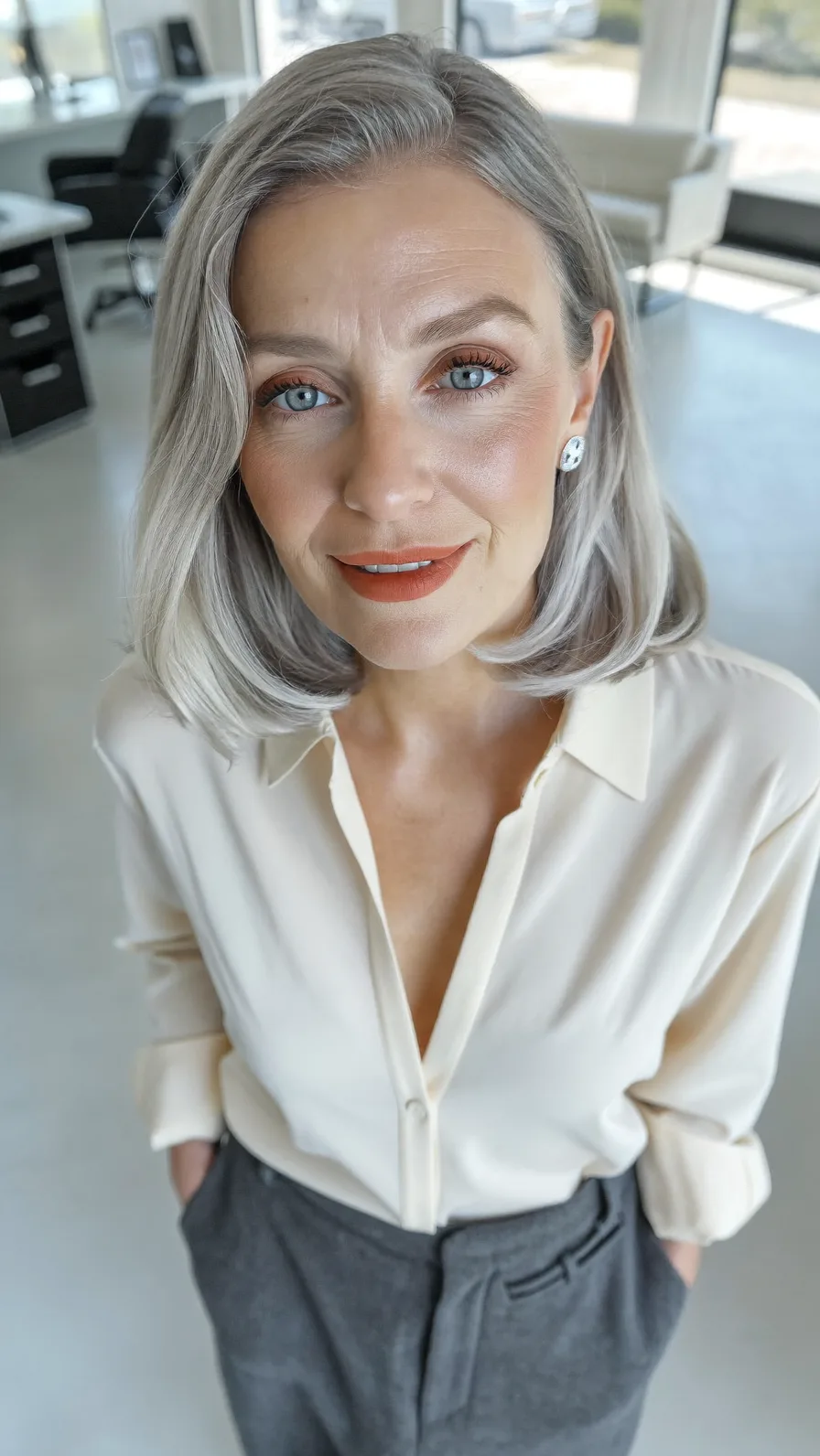 Sophisticated Shoulder-Length Blunt Cut Bob with Side Part