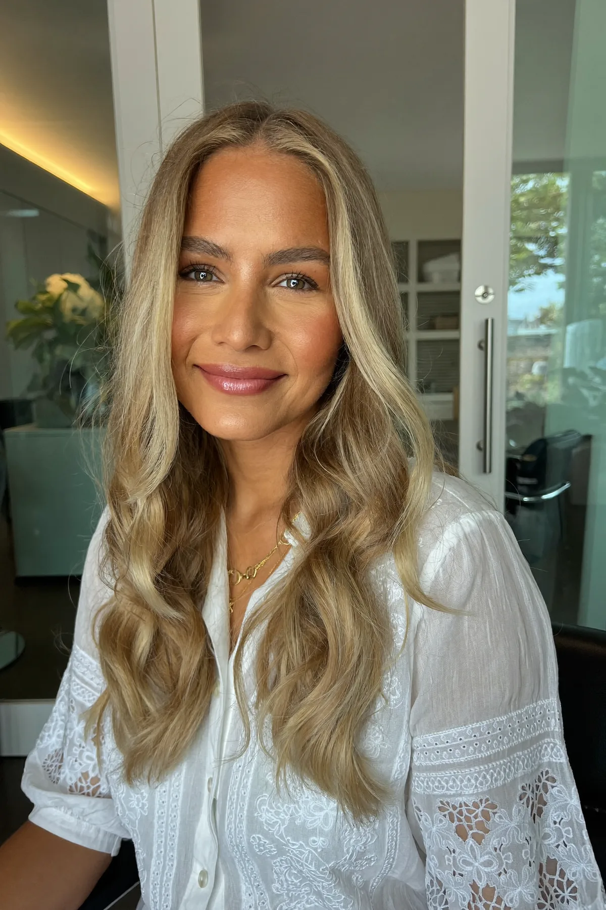 Honey Golden Blonde Long Layered Waves with Blended Balayage