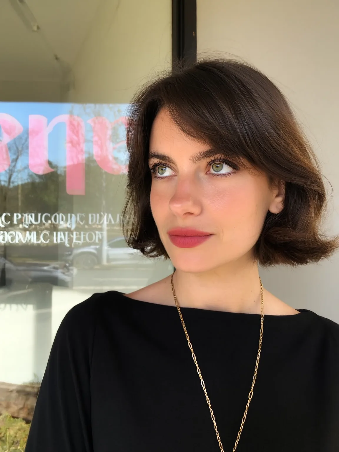 Short Straight Chestnut Brown Bob with Side-Swept Bangs